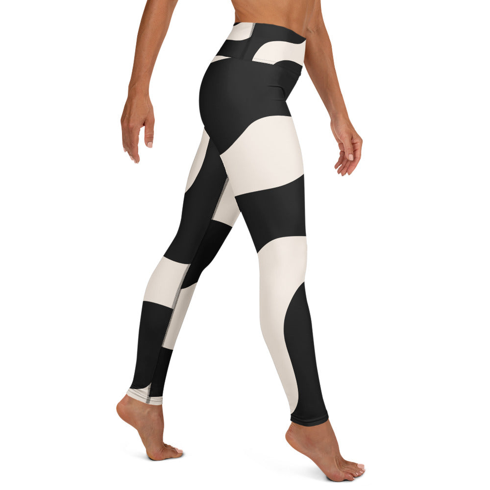 Legging de yoga pour femme – Beige & Noir – Stretch, taille haute, séchage rapide – Graphique Minimaliste