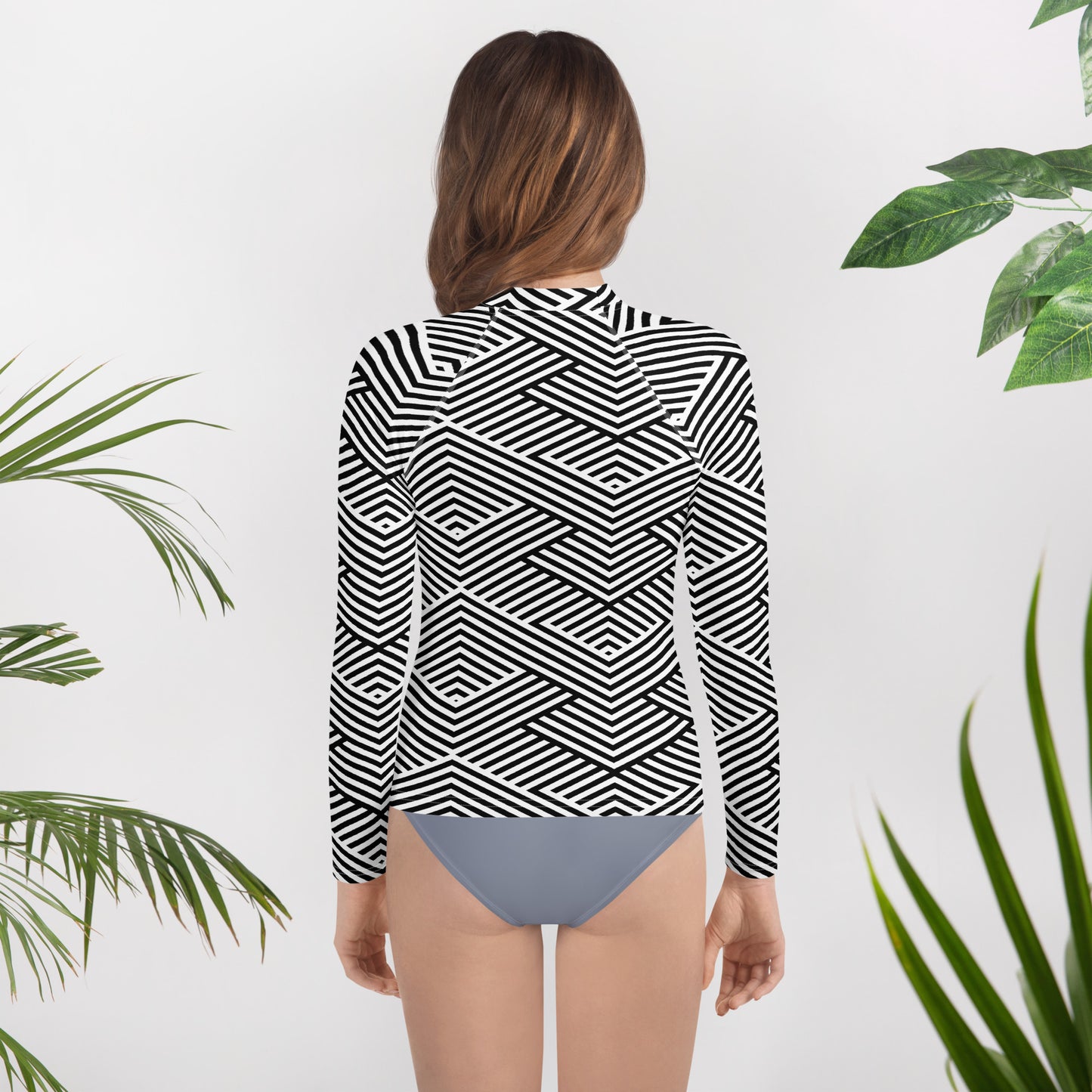 Rash guard pour fille ado – Blanc & Noir – Compression légère, respirant & séchage rapide – Graphique