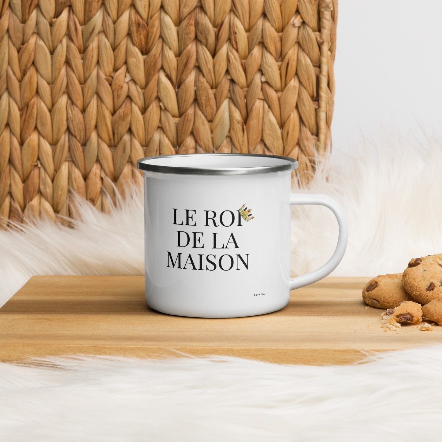 Mug émaillé Blanc Brillant avec anse "Le Roi de la Maison" - Tasse en émail personnalisable - fait main, légère, vintage - camping, cadeau