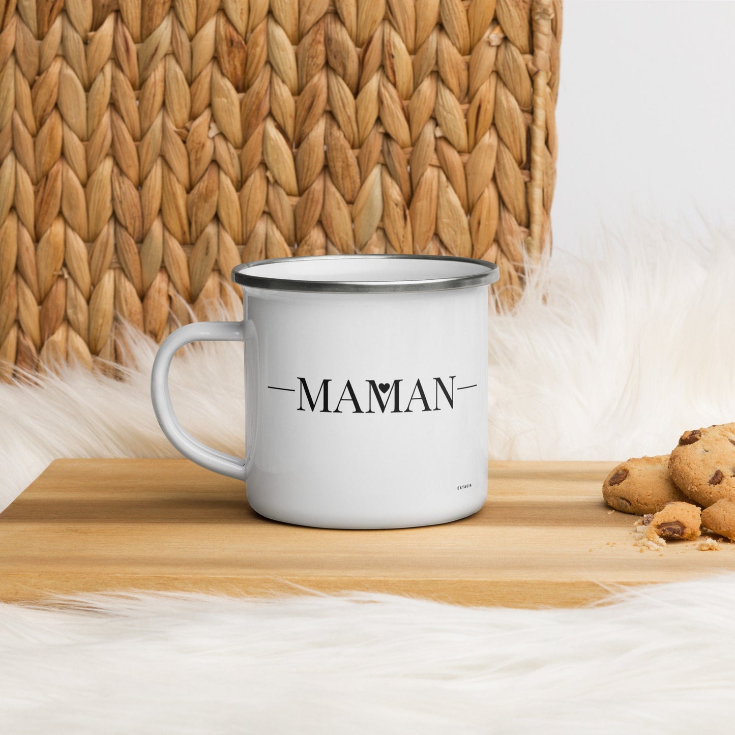 Mug émaillé Blanc Brillant avec anse "Maman" - Tasse en émail personnalisable - fait main, légère, vintage - cadeau fêtes des mères