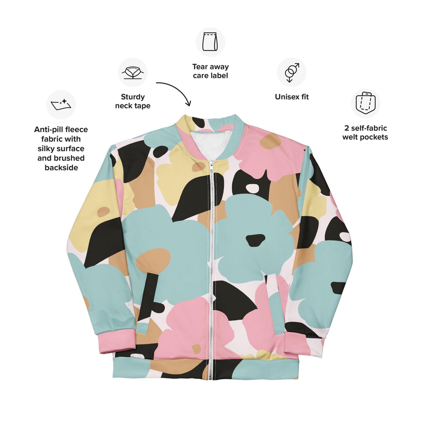 Veste bombardier pour femme - Fleuri, Pastel – Zippée, légère et confortable – Minimaliste