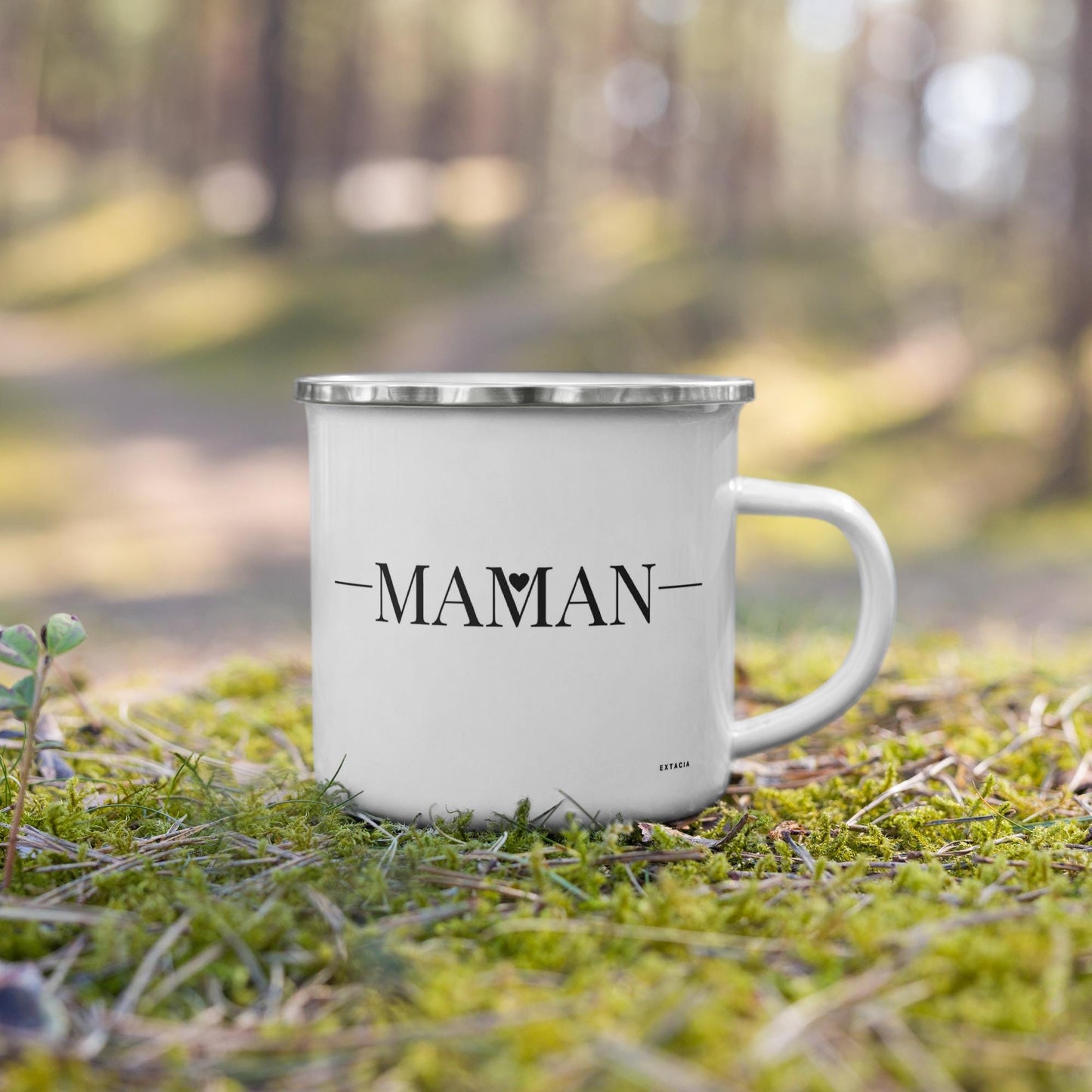 Mug émaillé Blanc Brillant avec anse "Maman" - Tasse en émail personnalisable - fait main, légère, vintage - cadeau fêtes des mères