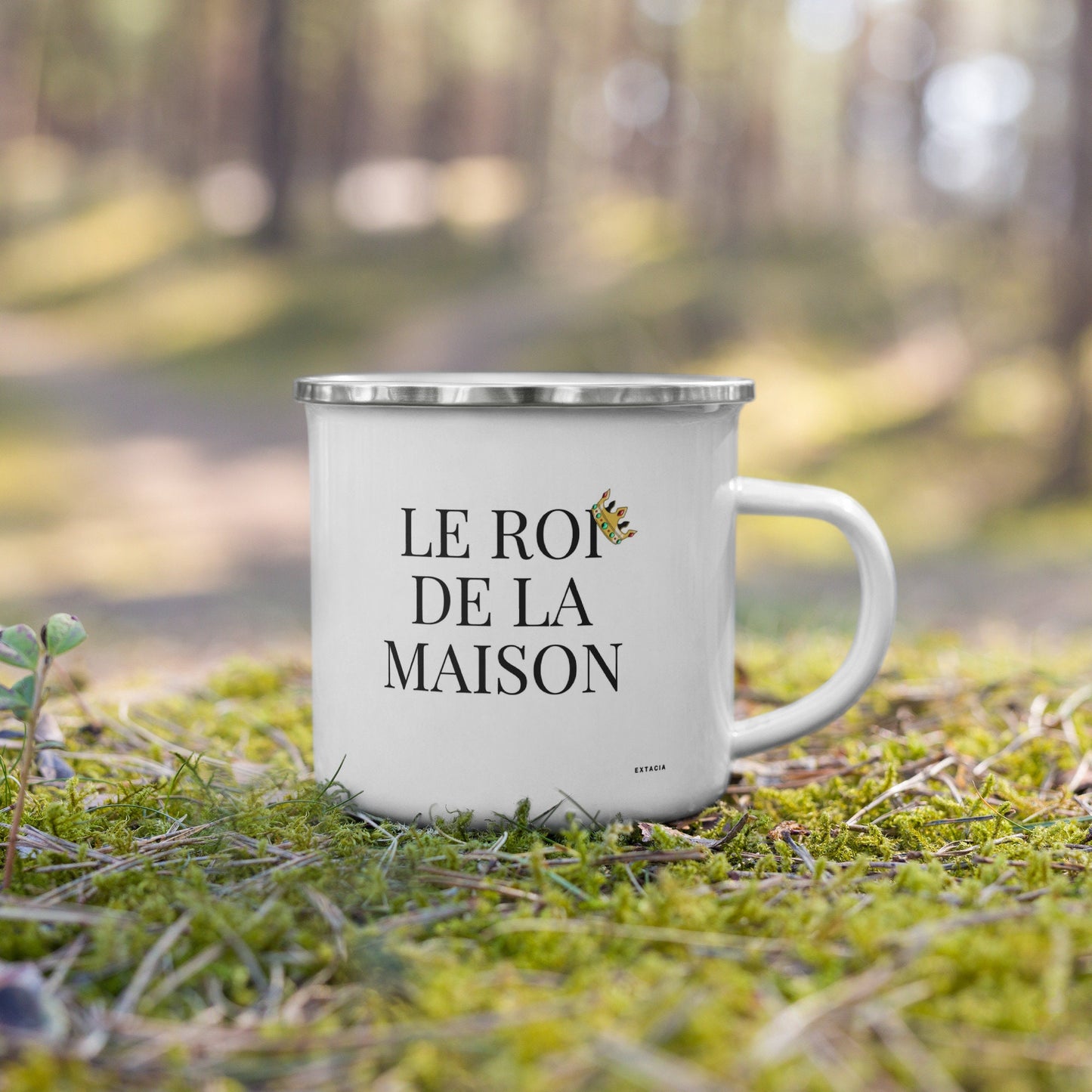 Mug émaillé Blanc Brillant avec anse "Le Roi de la Maison" - Tasse en émail personnalisable - fait main, légère, vintage - camping, cadeau