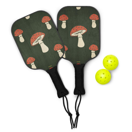 Kit de Pickleball - Ensemble Complet de 2 Raquettes en bois + 2 Balles + Sac de transport – Robustes - Design Minimaliste Champignons