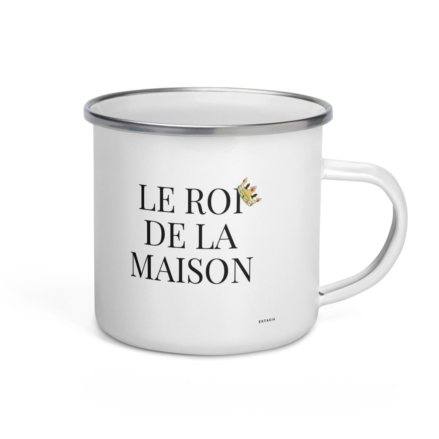 Mug émaillé Blanc Brillant avec anse "Le Roi de la Maison" - Tasse en émail personnalisable - fait main, légère, vintage - camping, cadeau