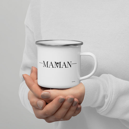 Mug émaillé Blanc Brillant avec anse "Maman" - Tasse en émail personnalisable - fait main, légère, vintage - cadeau fêtes des mères