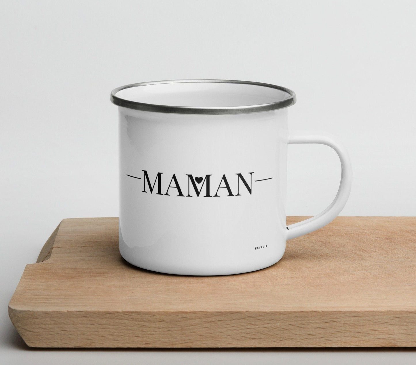 Mug émaillé Blanc Brillant avec anse "Maman" - Tasse en émail personnalisable - fait main, légère, vintage - cadeau fêtes des mères
