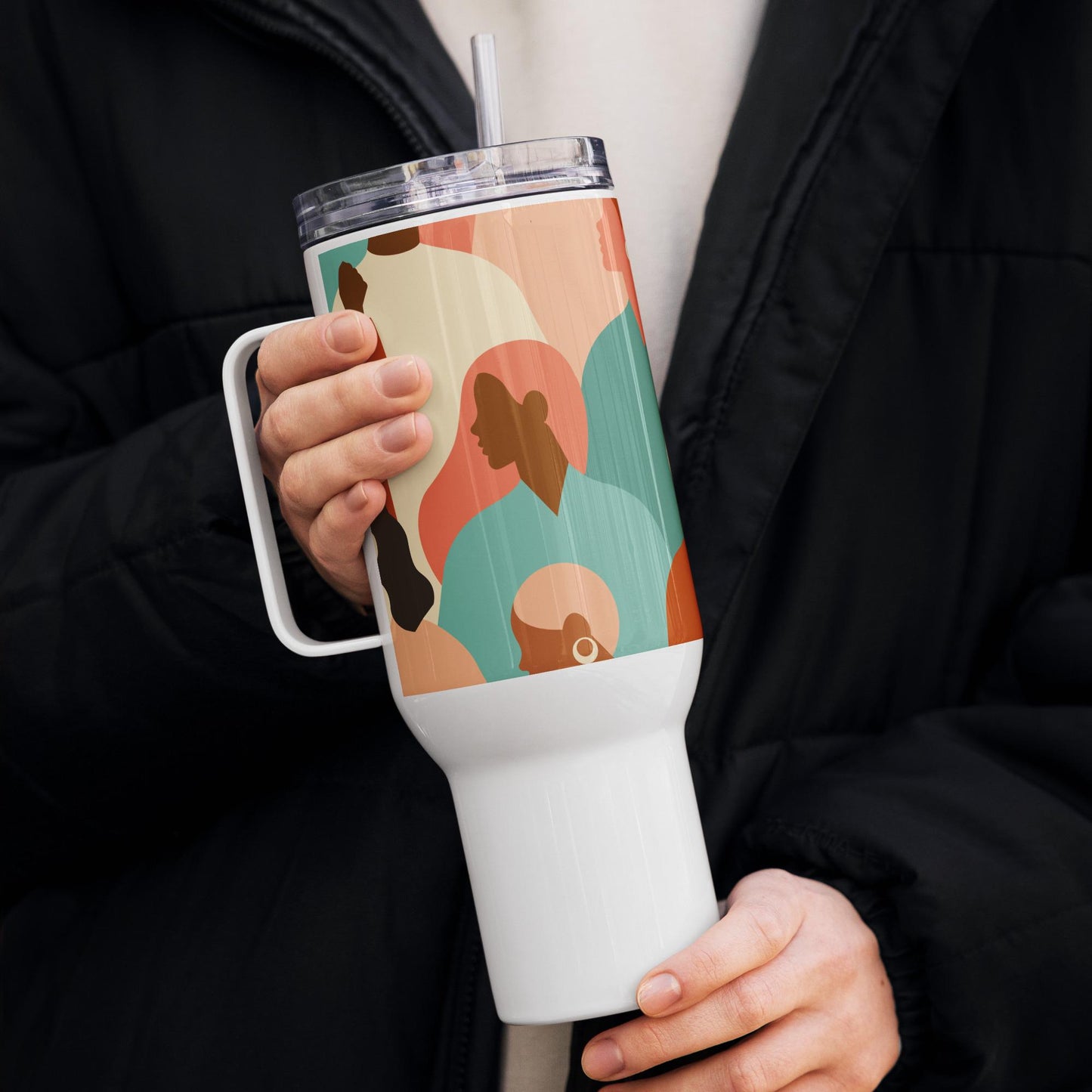 Mug Isotherme Inox - Mug de Voyage Isotherme en Acier Inoxydable avec Anse Design des Silhouettes Feminines Femmes - THERMOS Durable Étanche