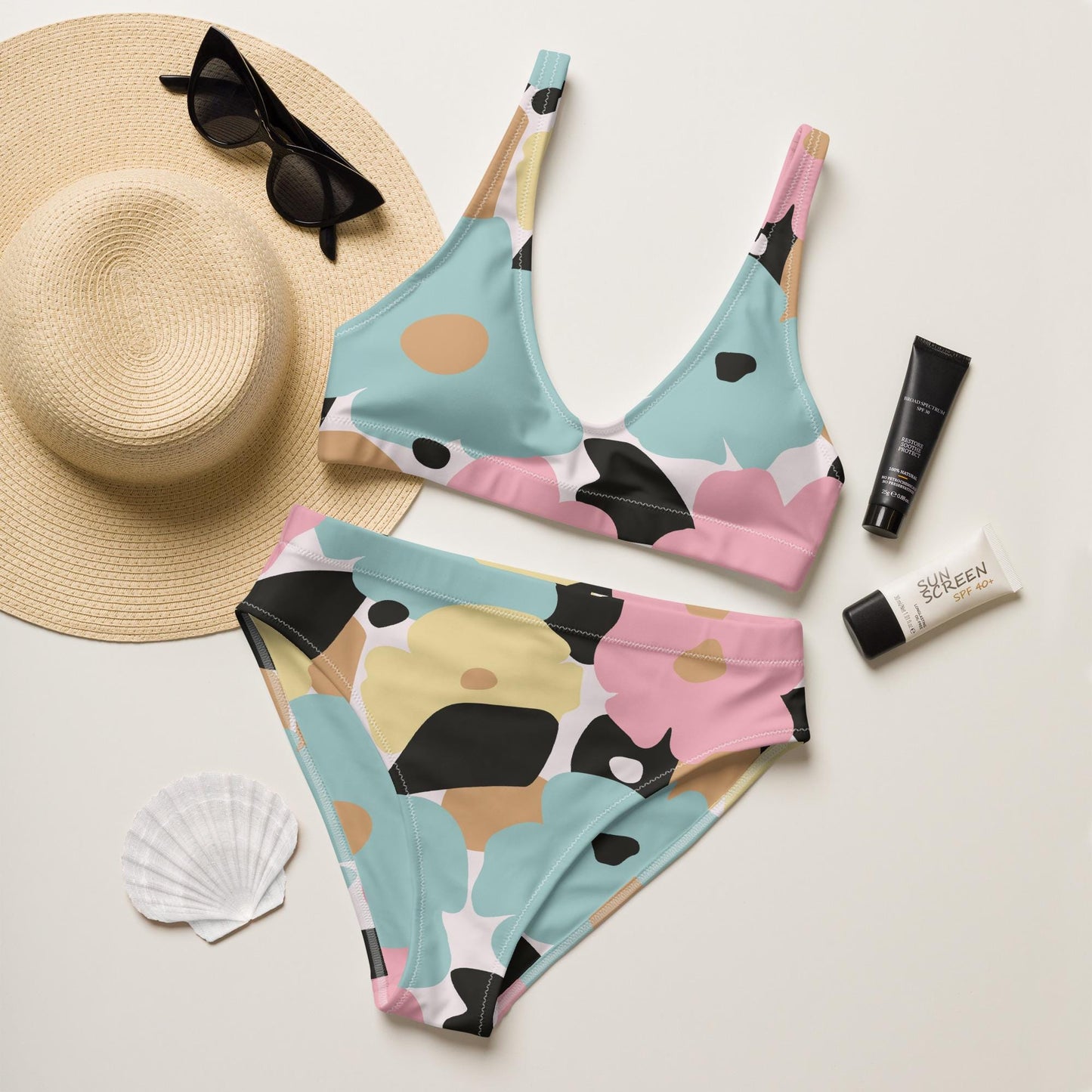 Bikini pour Femme – Maillot de Bain Deux Pièces Éco-Responsable en Polyester Recyclé – Haut + Bas taille haute - Design Minimaliste Fleuri