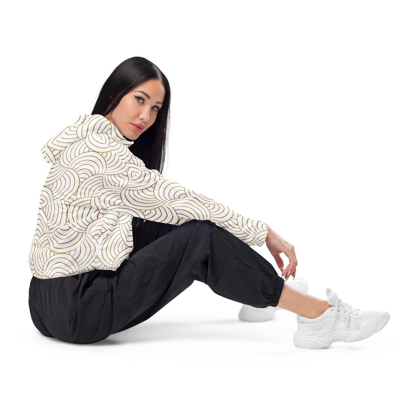 Veste coupe-vent pour femme courte - Blanc et Or – Crop top imperméable et respirant – Graphique