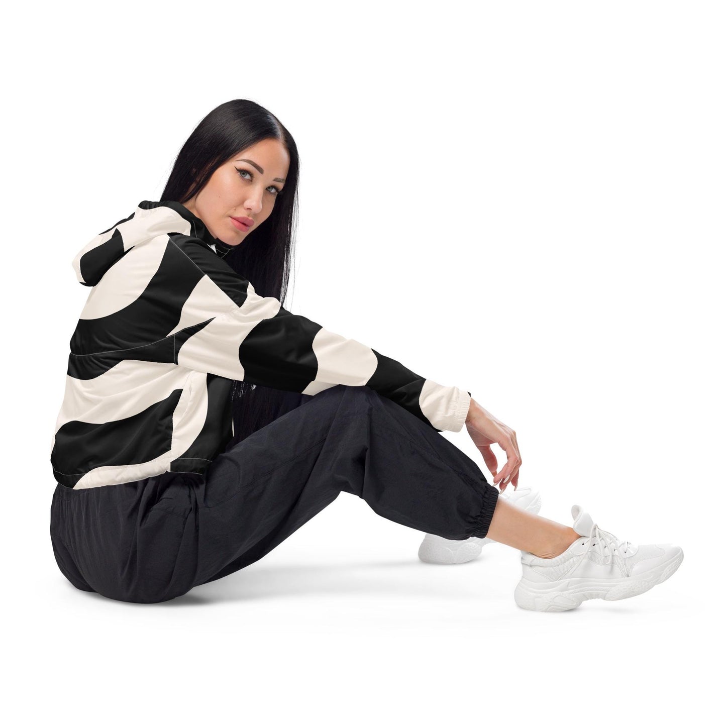 Veste coupe-vent pour femme courte - Noir et Beige – Crop top imperméable et respirant – Graphique