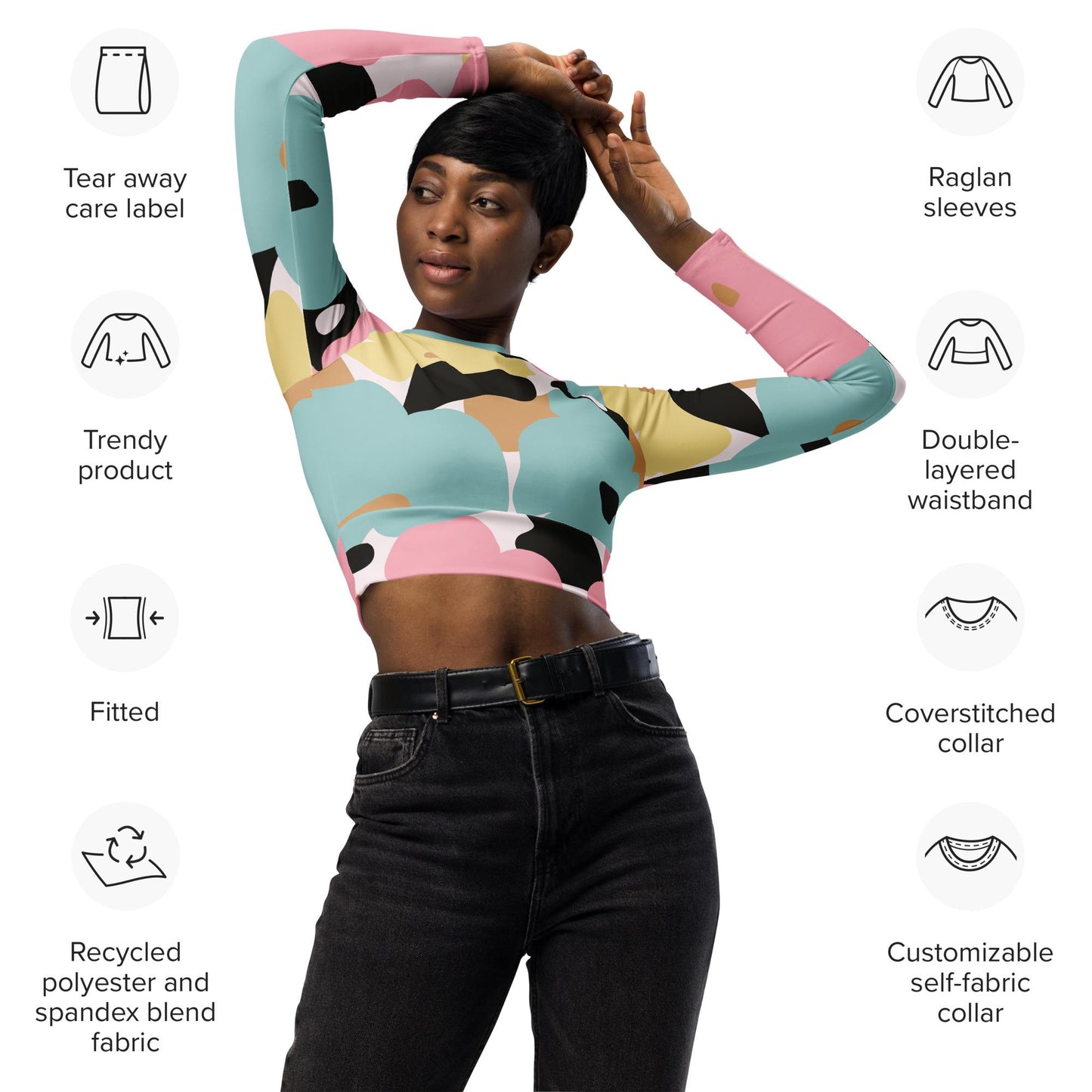 Crop top à Manches Longues pour Femme en Polyester recyclé – Haut Court - Éco-responsable – Confortable Durable - Style Urbain, Sport, Nage