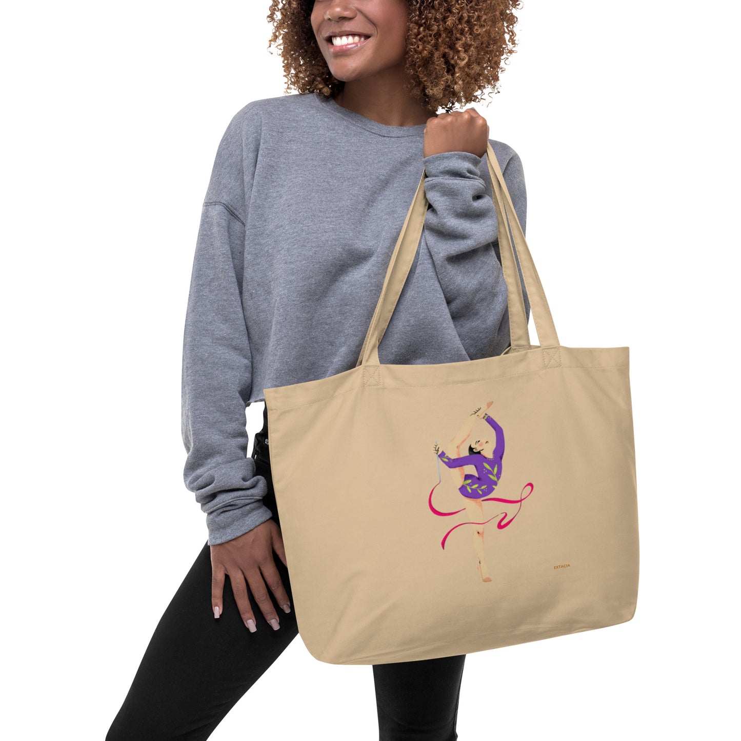 extaciafrance - Grand cabas en toile 100 % coton bio – Tote bag de grande contenance – Motif: Gymnaste au Ruban Rouge - naturel etiquette branding  porté