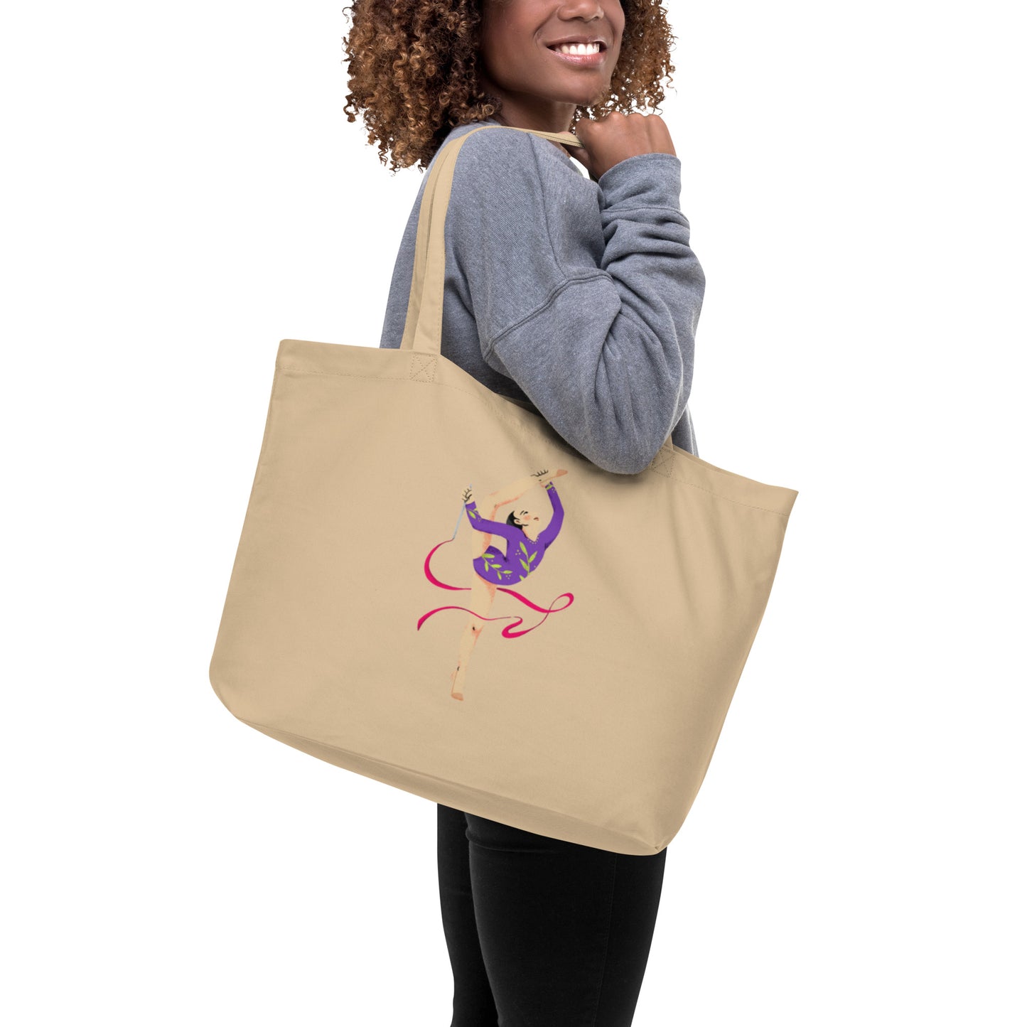 extaciafrance - Grand cabas en toile 100 % coton bio – Tote bag de grande contenance – Motif: Gymnaste au Ruban Rouge - naturel etiquette branding  porté épaule