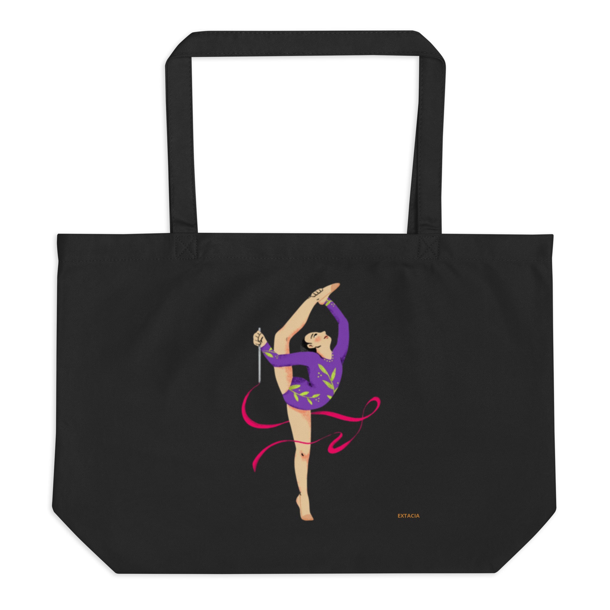 extaciafrance - Grand cabas en toile 100 % coton bio – Tote bag de grande contenance – Motif: Gymnaste au Ruban Rouge - noir coté branding