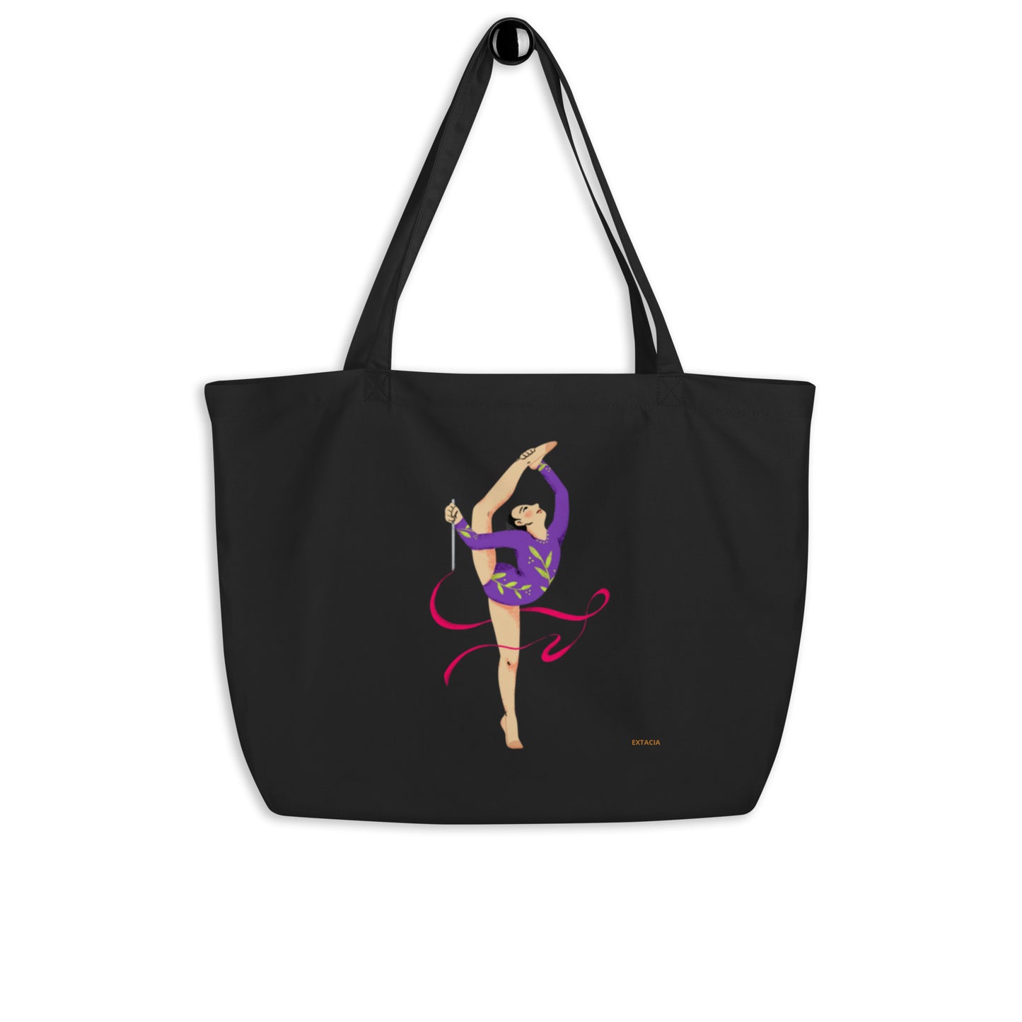 extaciafrance - Grand cabas en toile 100 % coton bio – Tote bag de grande contenance – Motif: Gymnaste au Ruban Rouge - noir coté branding pendue