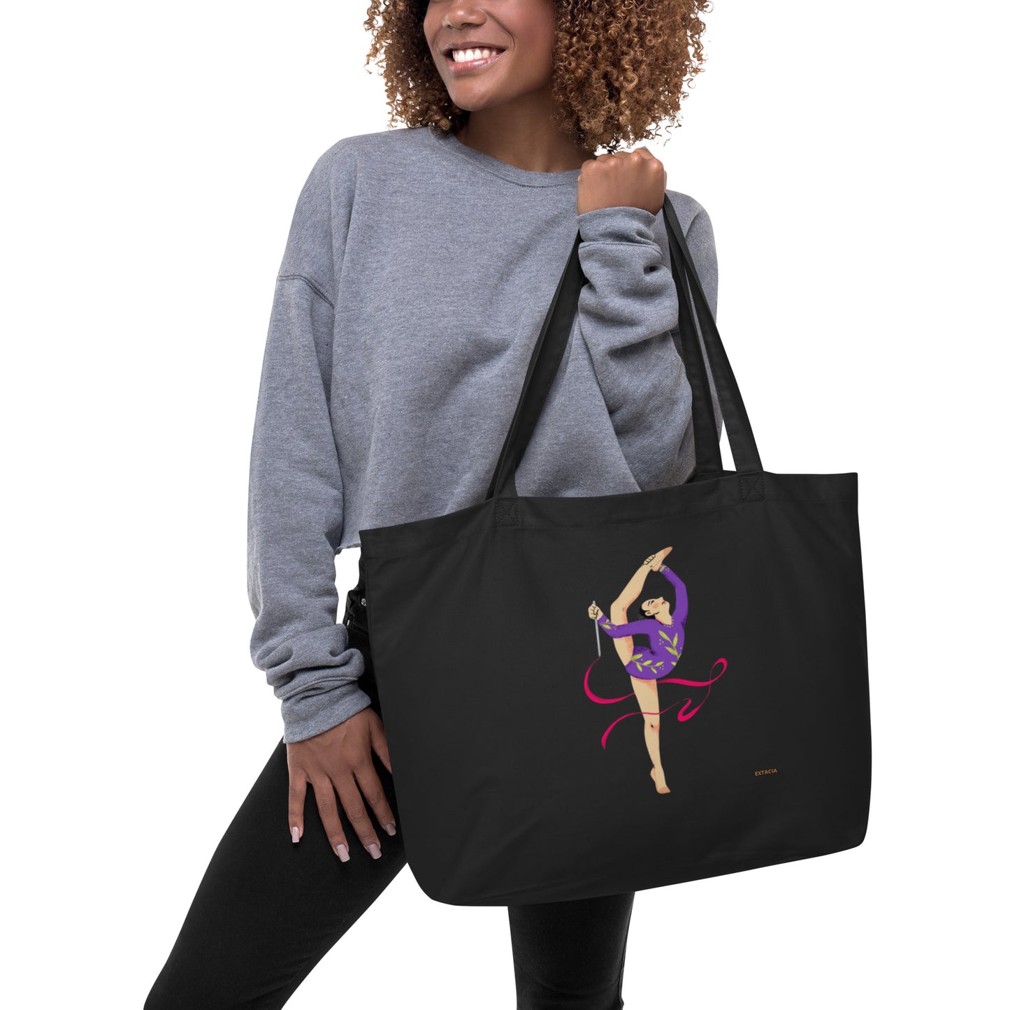 extaciafrance - Grand cabas en toile 100 % coton bio – Tote bag de grande contenance – Motif: Gymnaste au Ruban Rouge - noir etiquette branding  porté