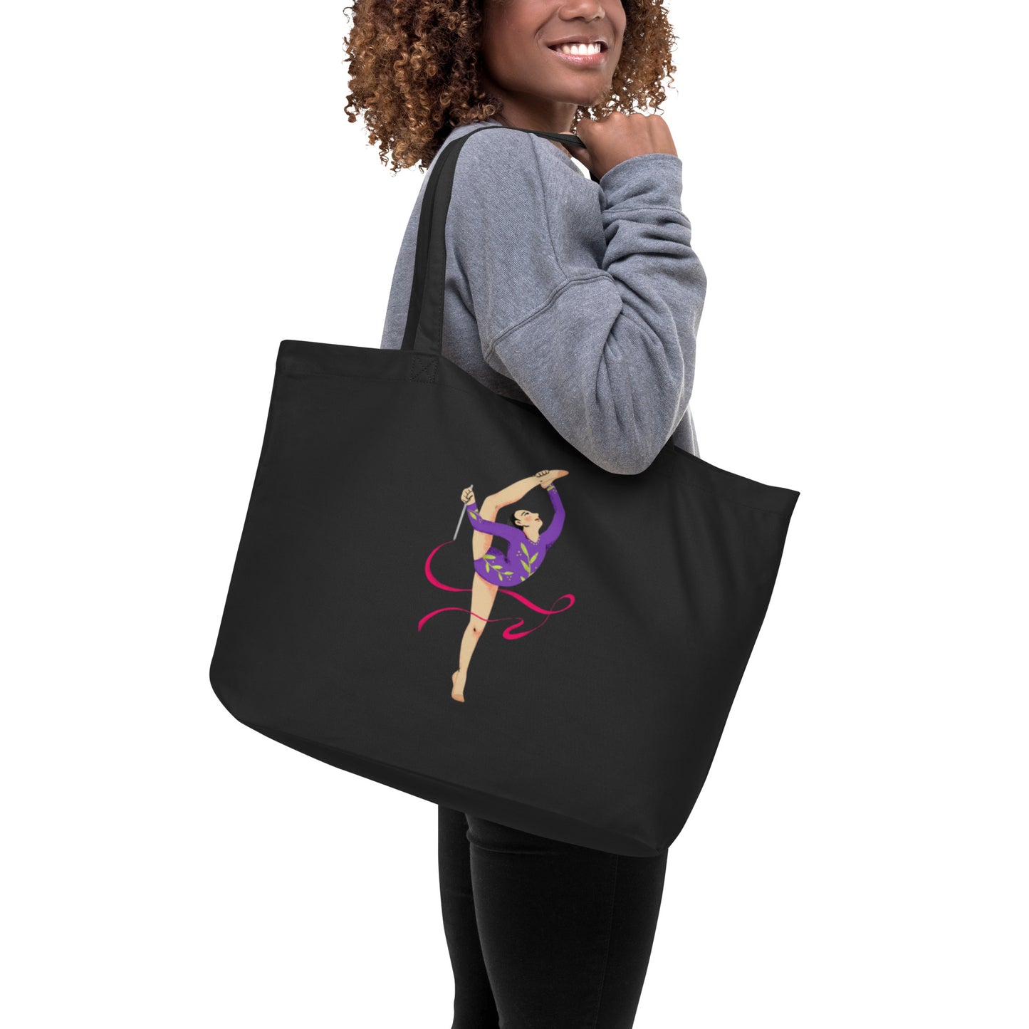 extaciafrance - Grand cabas en toile 100 % coton bio – Tote bag de grande contenance – Motif: Gymnaste au Ruban Rouge - noir etiquette branding  porté épaule