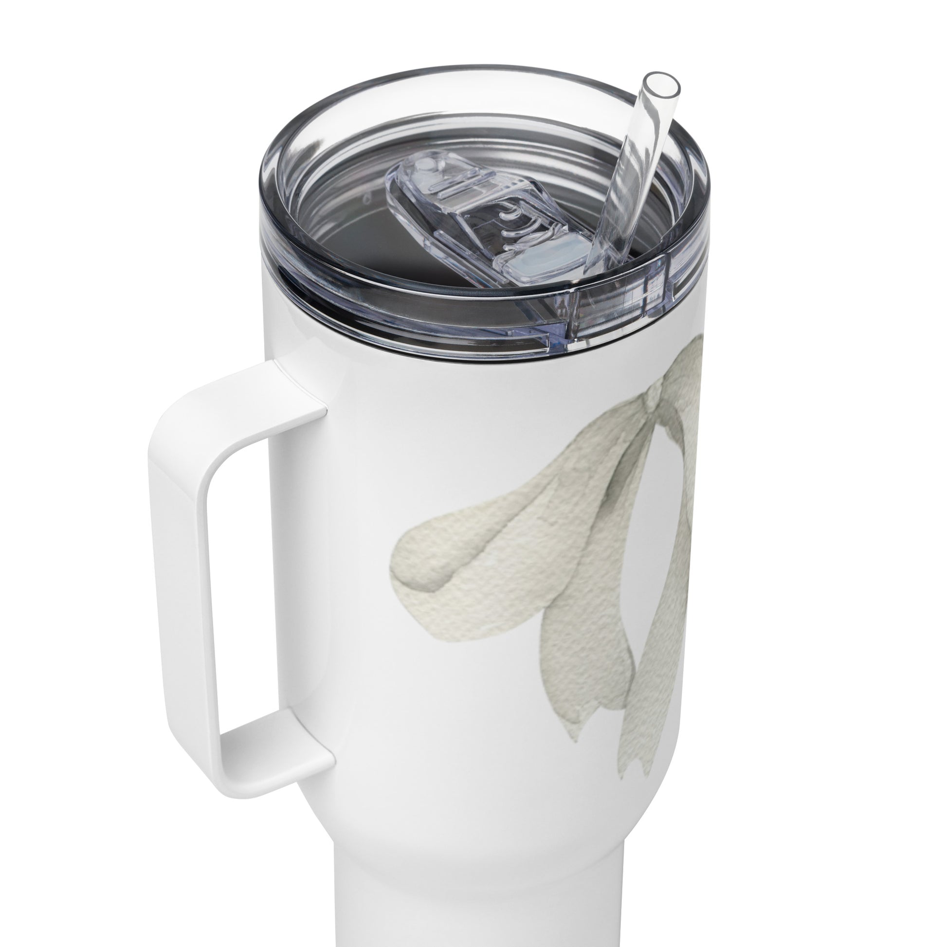 extaciafrance - Mug isotherme inox – Blanc – 25 & 40 oz – Anse intégrée & double-paroi durable – Motif: Noeud Cendré - bouchonnasse + paille