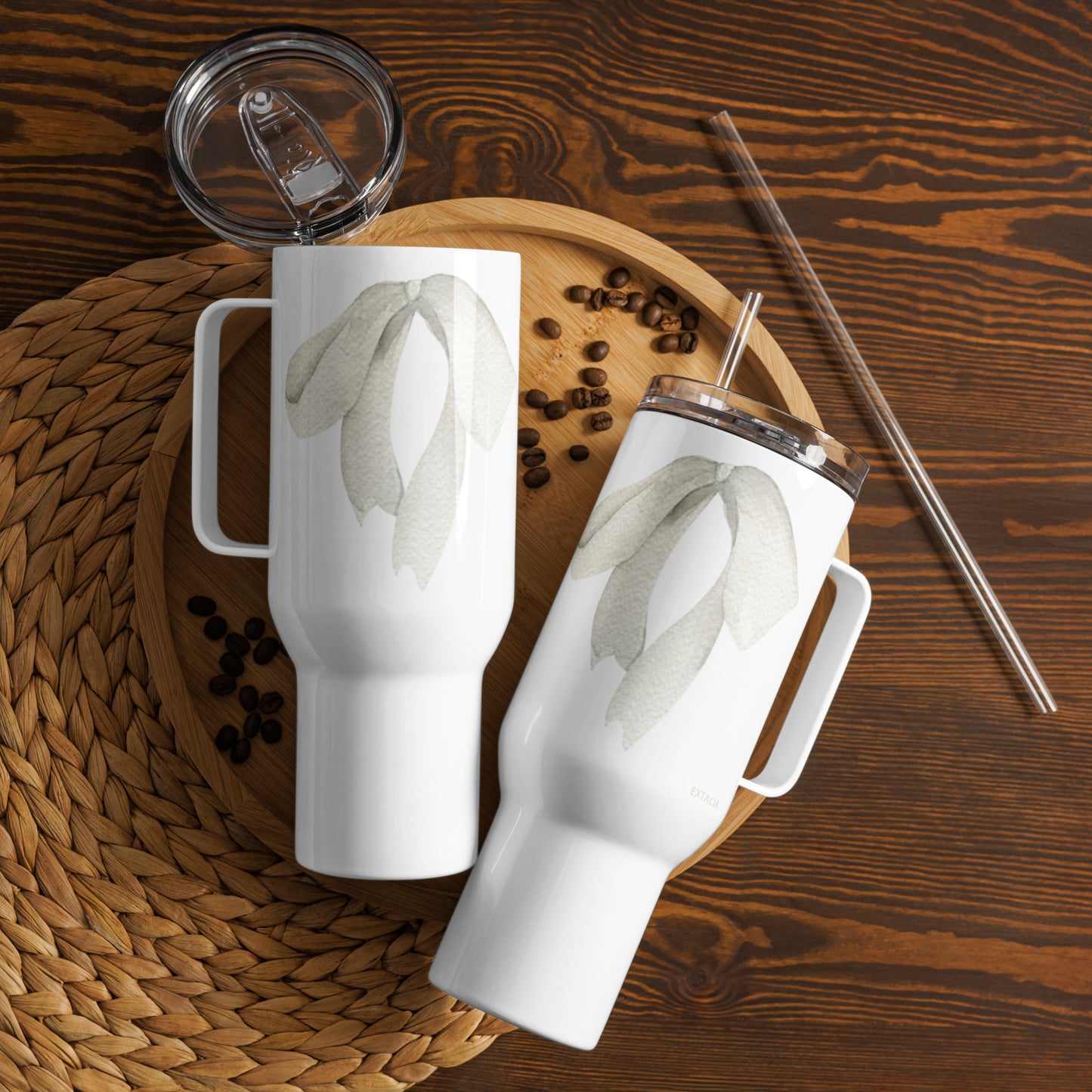 extaciafrance - Mug isotherme inox – Blanc – 25 & 40 oz – Anse intégrée & double-paroi durable – Motif: Noeud Cendré - double phase 