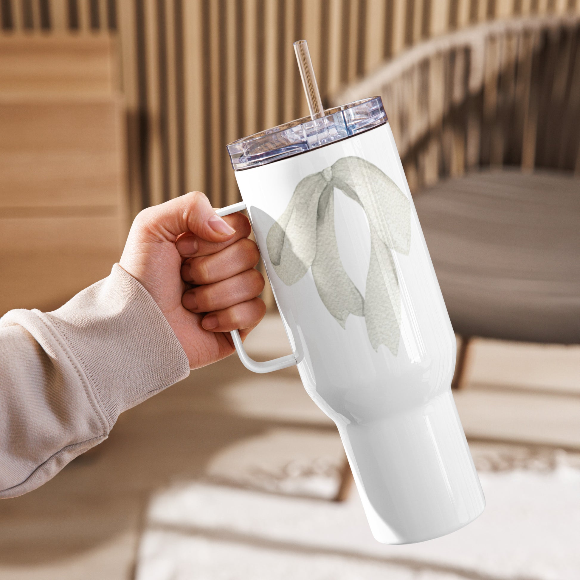 extaciafrance - Mug isotherme inox – Blanc – 25 & 40 oz – Anse intégrée & double-paroi durable – Motif: Noeud Cendré -  + paille porte