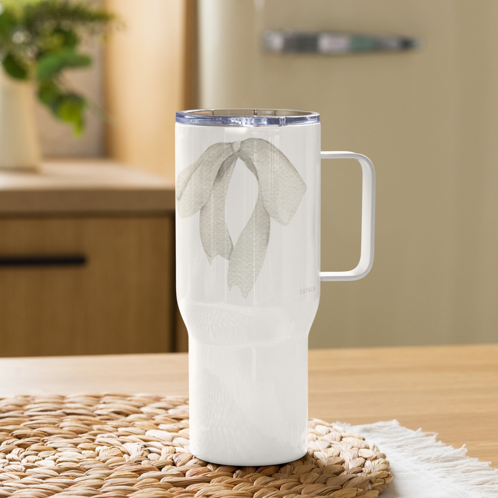 extaciafrance - Mug isotherme inox – Blanc – 25 & 40 oz – Anse intégrée & double-paroi durable – Motif: Noeud Cendré -  + paille porte 18