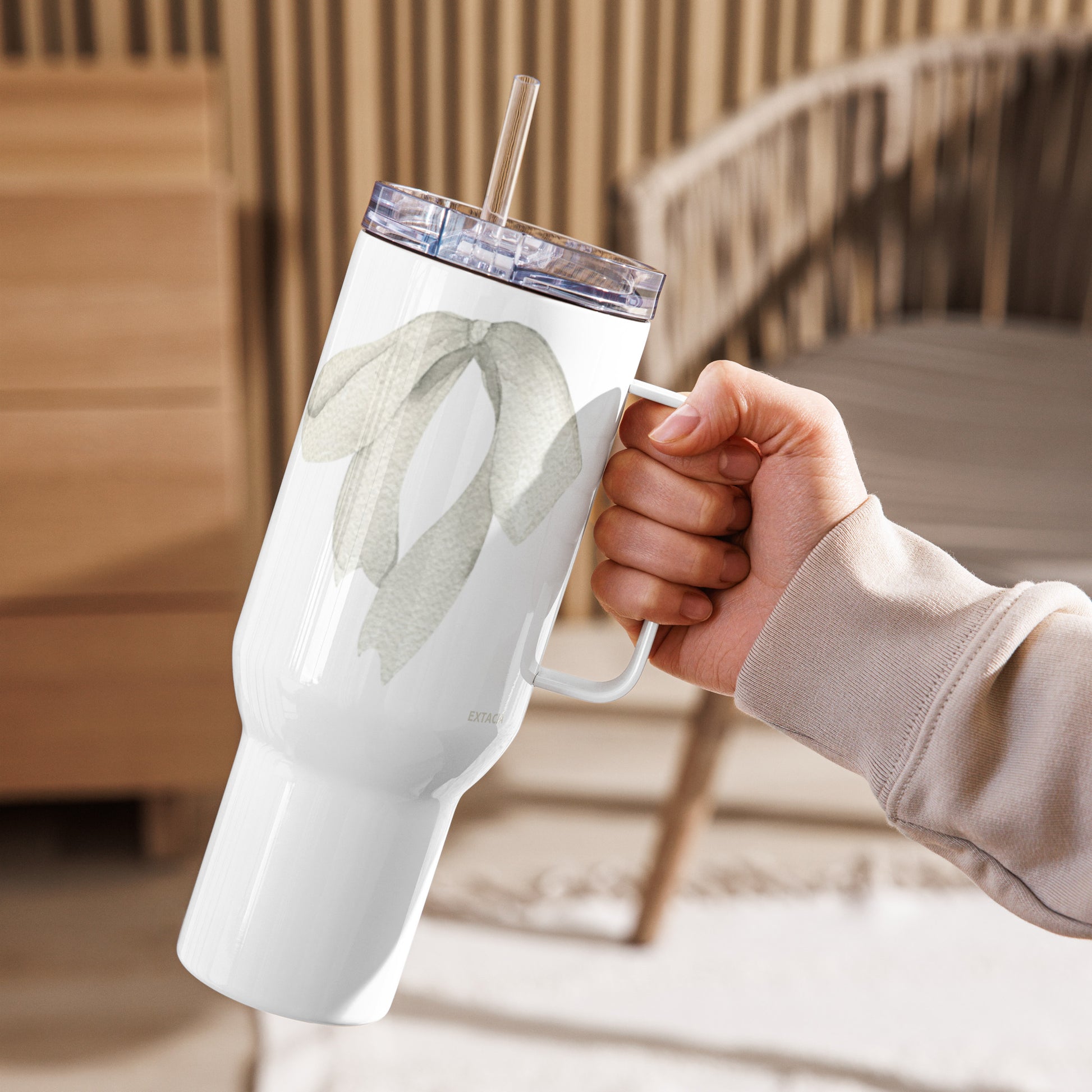 extaciafrance - Mug isotherme inox – Blanc – 25 & 40 oz – Anse intégrée & double-paroi durable – Motif: Noeud Cendré -  + paille porte 2
