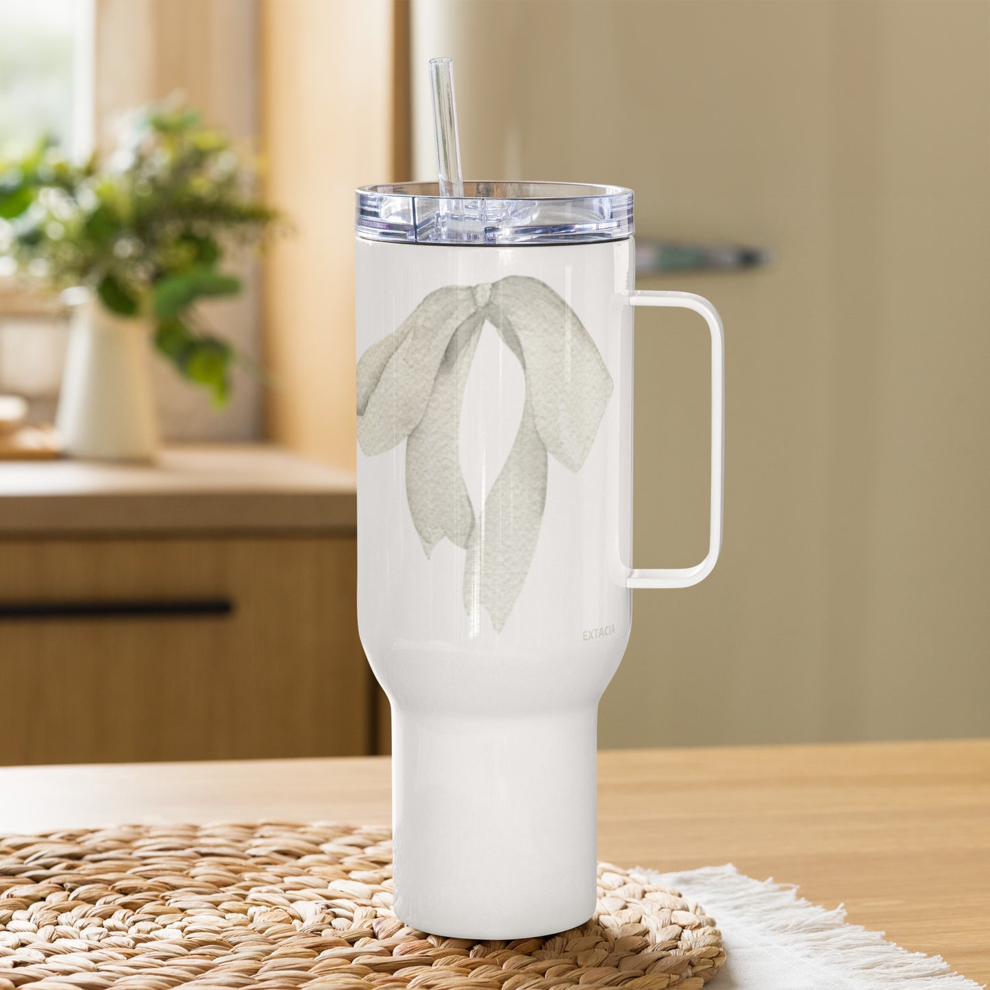 extaciafrance - Mug isotherme inox – Blanc – 25 & 40 oz – Anse intégrée & double-paroi durable – Motif: Noeud Cendré -  + paille porte 5
