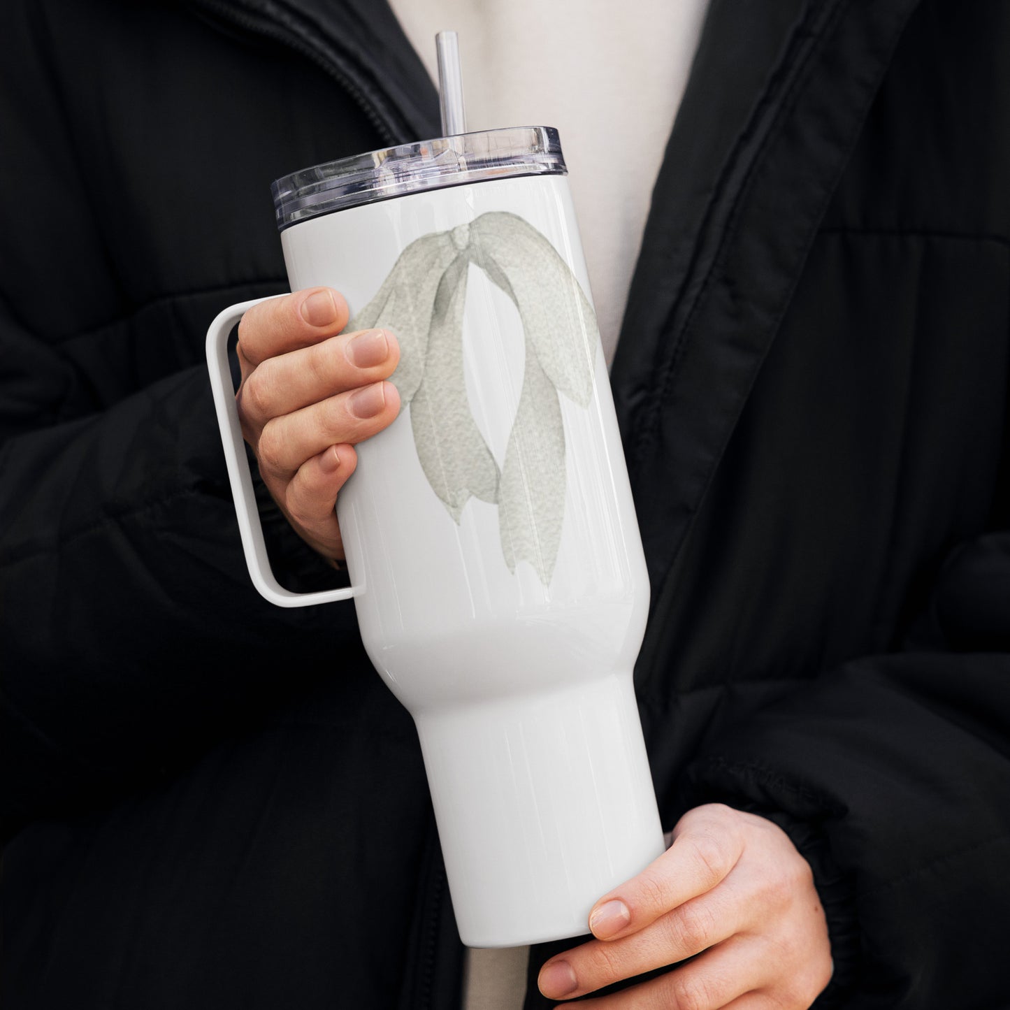 extaciafrance - Mug isotherme inox – Blanc – 25 & 40 oz – Anse intégrée & double-paroi durable – Motif: Noeud Cendré -  + paille porte 6