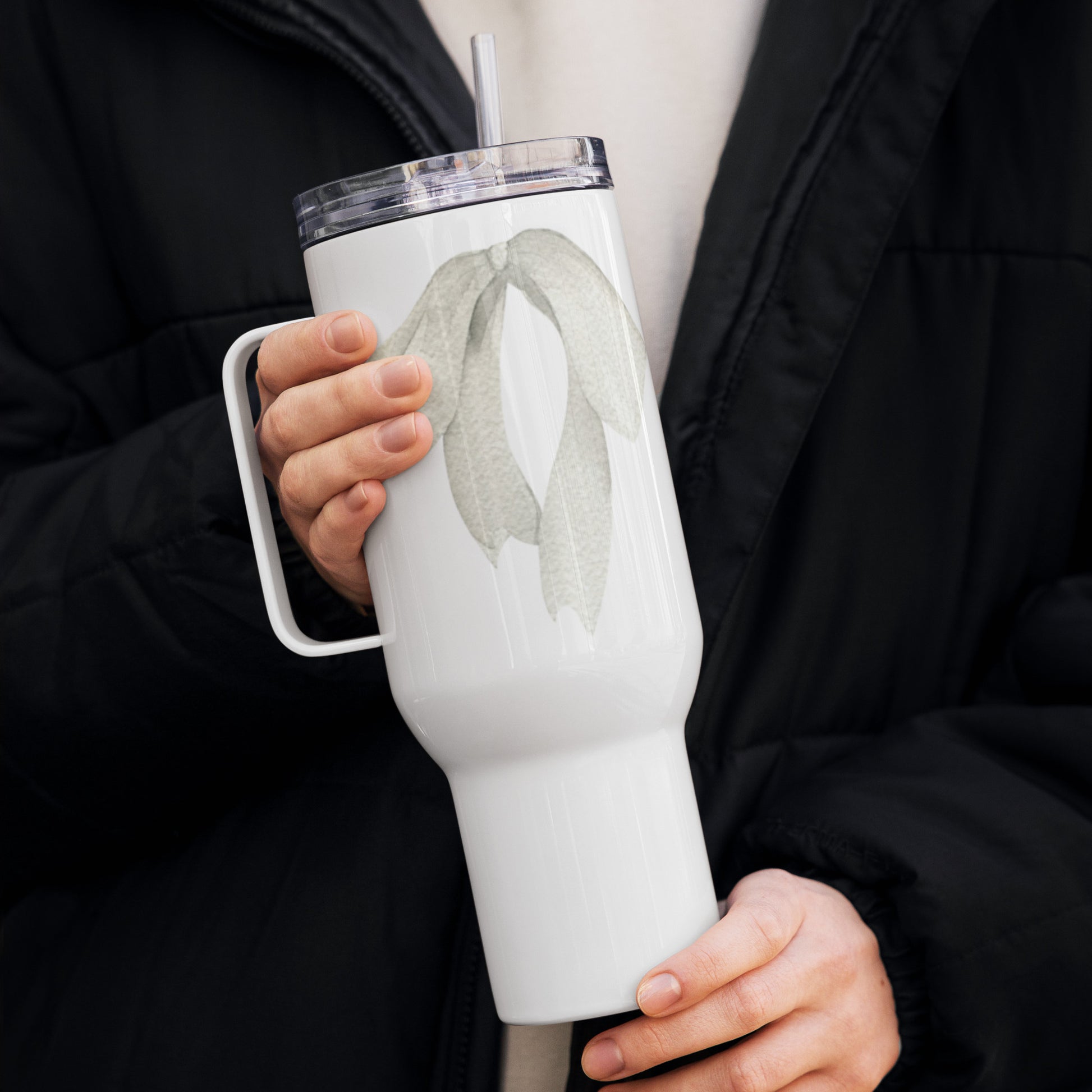 extaciafrance - Mug isotherme inox – Blanc – 25 & 40 oz – Anse intégrée & double-paroi durable – Motif: Noeud Cendré -  + paille porte 6
