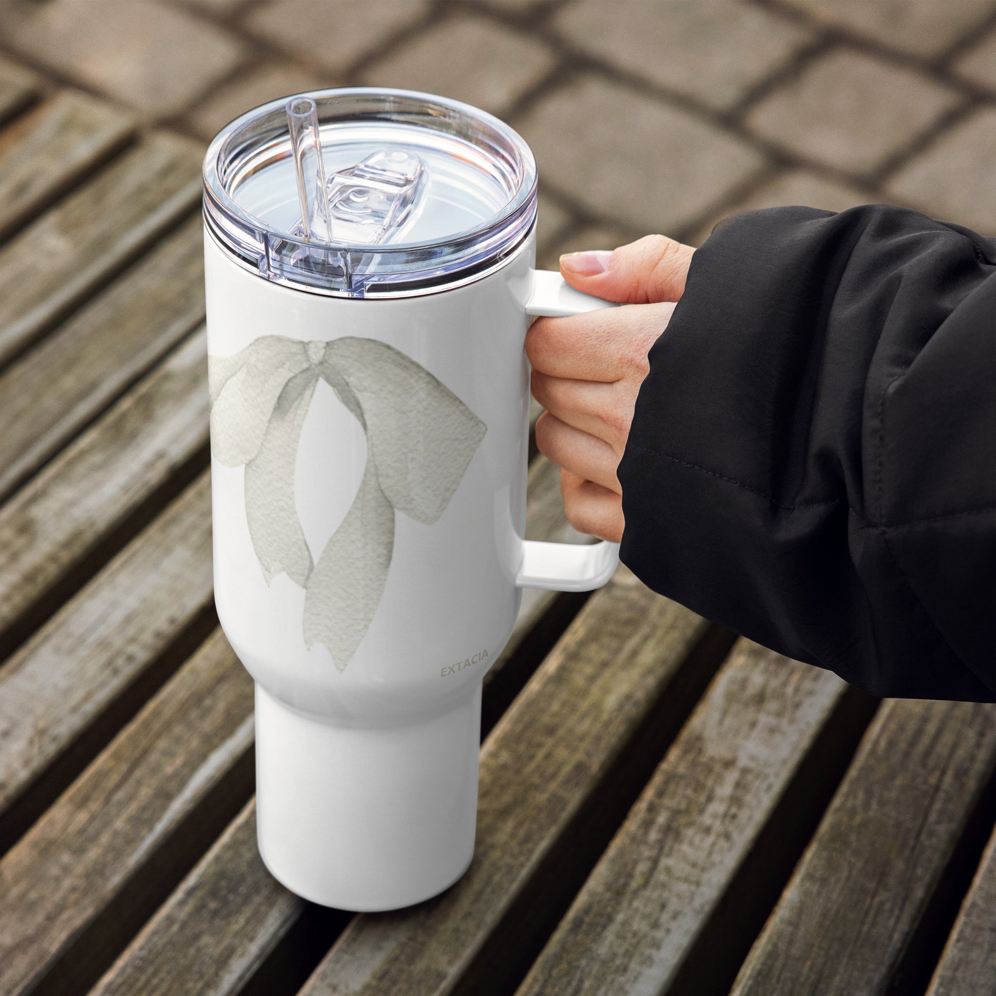 extaciafrance - Mug isotherme inox – Blanc – 25 & 40 oz – Anse intégrée & double-paroi durable – Motif: Noeud Cendré -  + paille porte 7