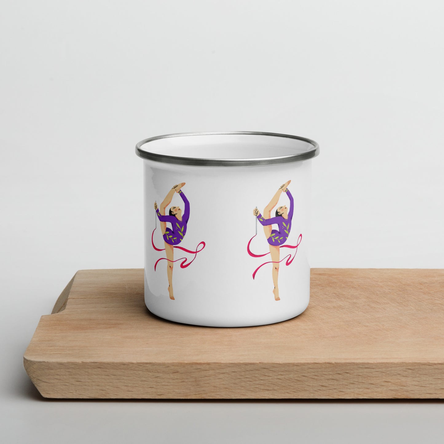extaciafrance - Mug émaillé – Blanc – Format 12 oz, design pour camping & cuisine – Motif: Gymnaste au Ruban Rouge - branding white background cup  side on table