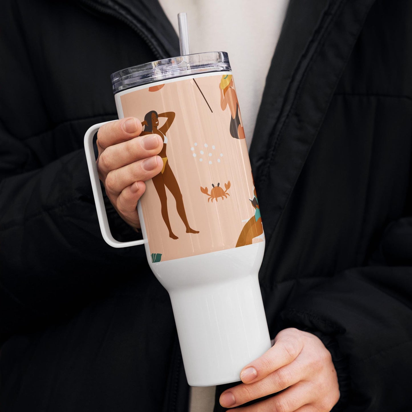Mug Isotherme Inox - Mug de Voyage Isotherme Acier Inoxydable avec Anse – Design des Silhouettes des Femmes Plage - THERMOS, gobelet Étanche
