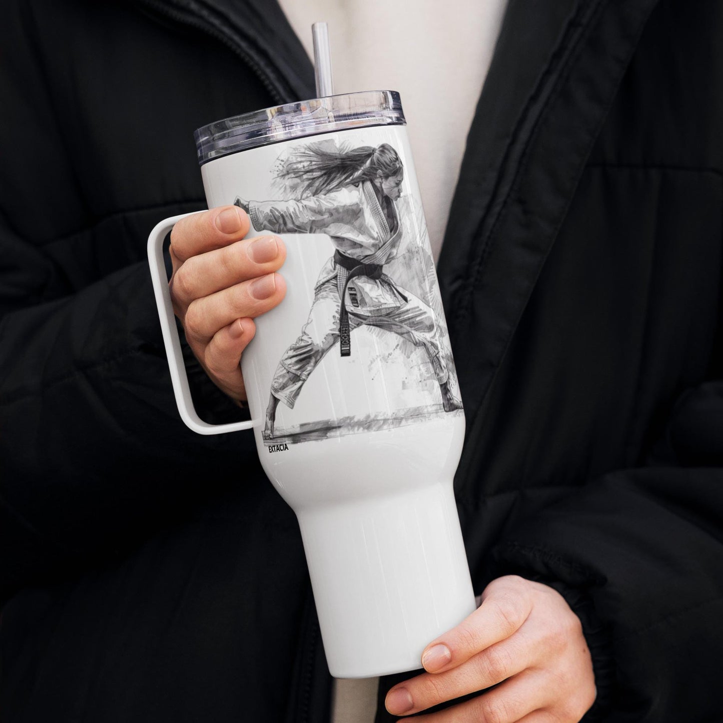 Mug Isotherme Inox - Mug de Voyage Isotherme en Acier Inoxydable avec Anse – Design Arts Martiaux - THERMOS, gobelet - Durable, Étanche