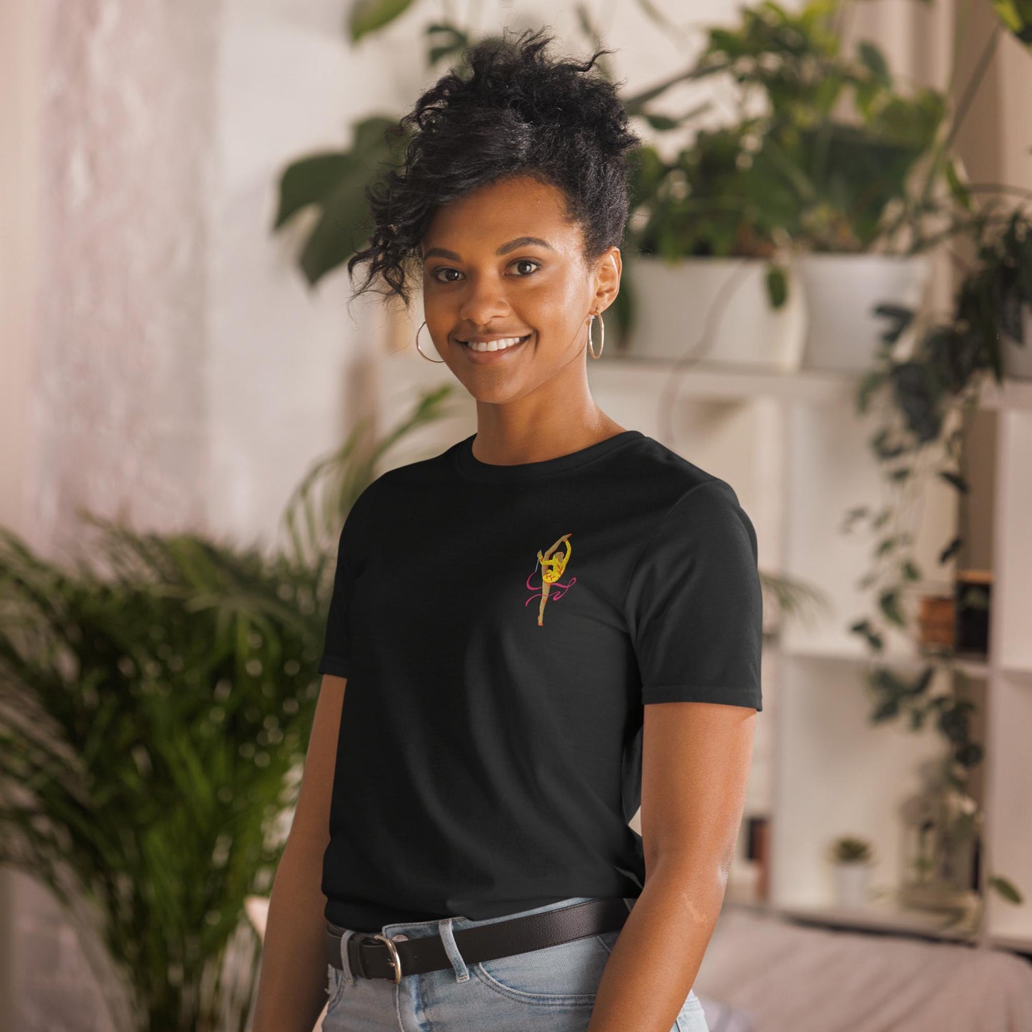 T-shirt à Col Rond 100% Coton pour Femme - Motif brodé - Doux Confortable, Urbain, cadeau coach sport - Design Danseuse, Gymnaste