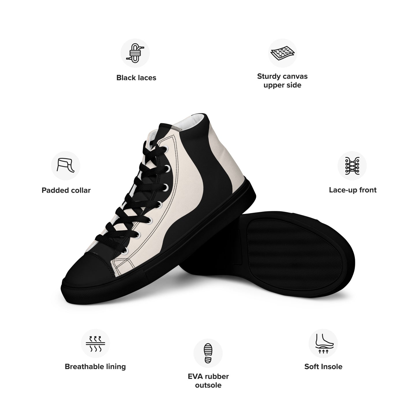 Baskets montantes en toile homme - Beige et Noir – À lacets, légères et confortables – Graphique