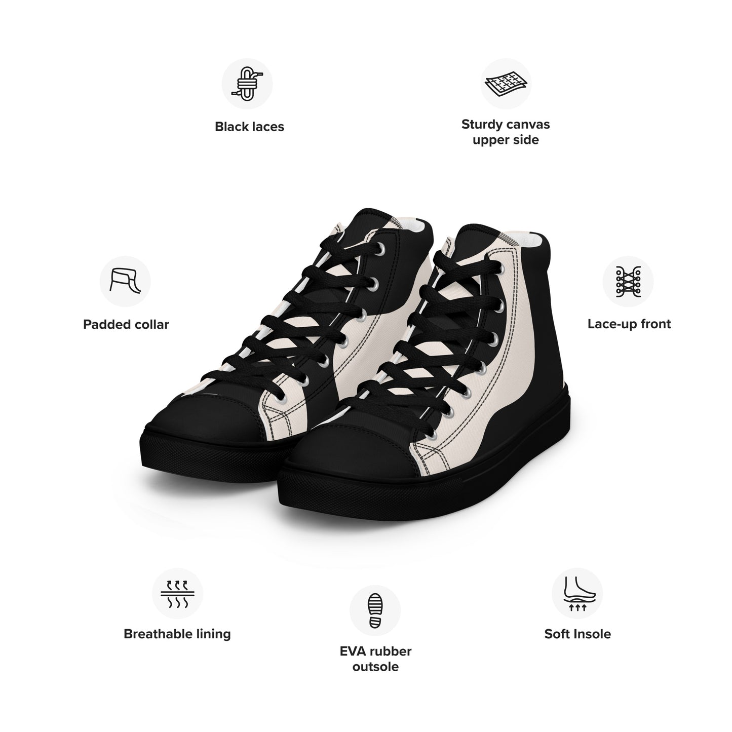 Baskets montantes en toile homme - Beige et Noir – À lacets, légères et confortables – Graphique