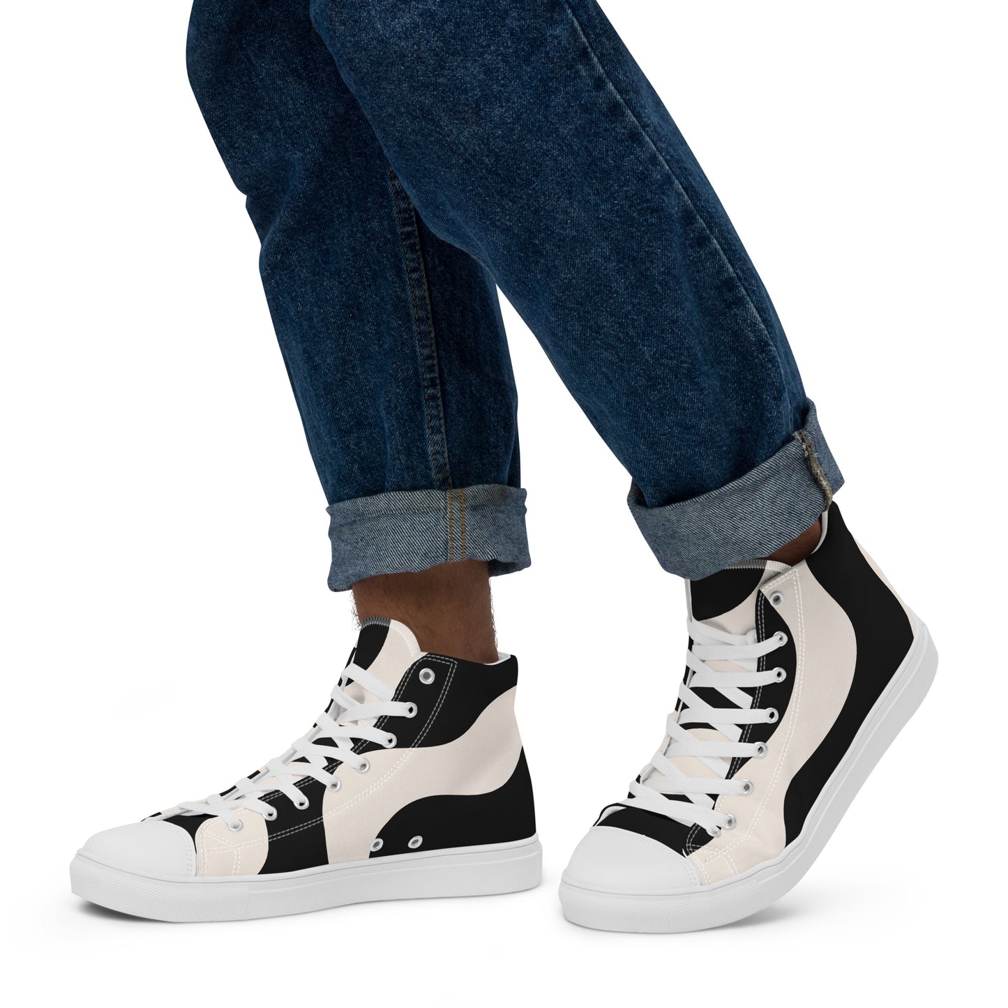 Baskets montantes en toile homme - Beige et Noir – À lacets, légères et confortables – Graphique