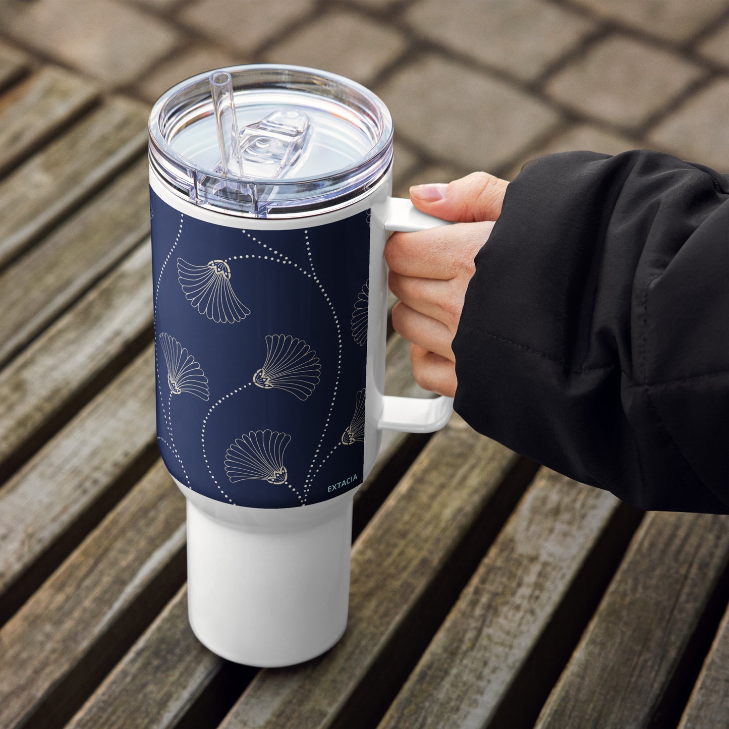 Mug isotherme inox – Bleu Fleuri – 25 & 40 oz – Anse intégrée & double-paroi durable - Minimaliste