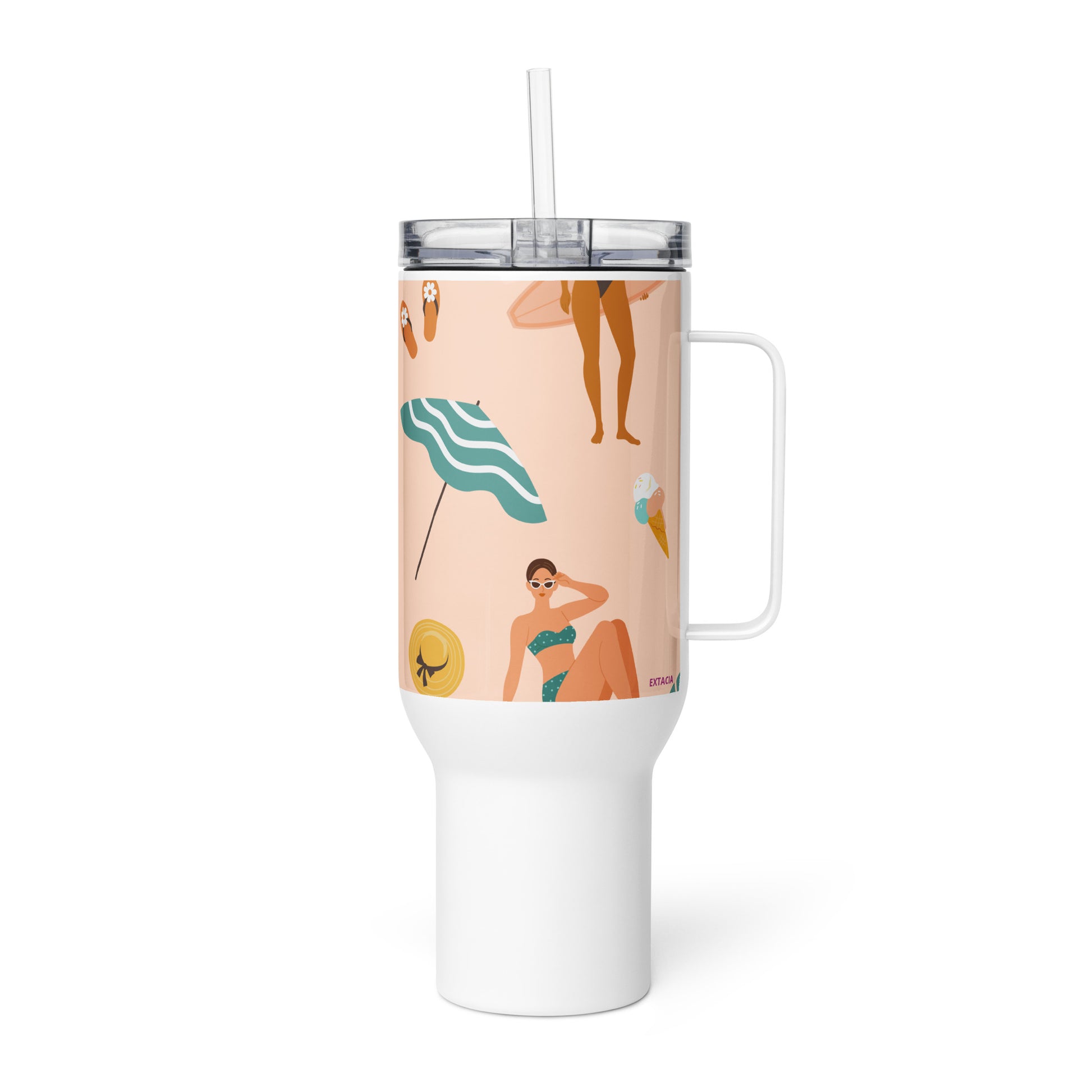 Mug isotherme inox avec anse – saumon imprimé, femmes du monde minimaliste –  Zoom couvercle et bord – tasse isotherme inox usage quotidien confortable