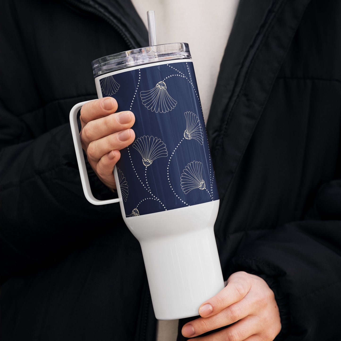 Mug isotherme inox – Bleu Fleuri – 25 & 40 oz – Anse intégrée & double-paroi durable - Minimaliste