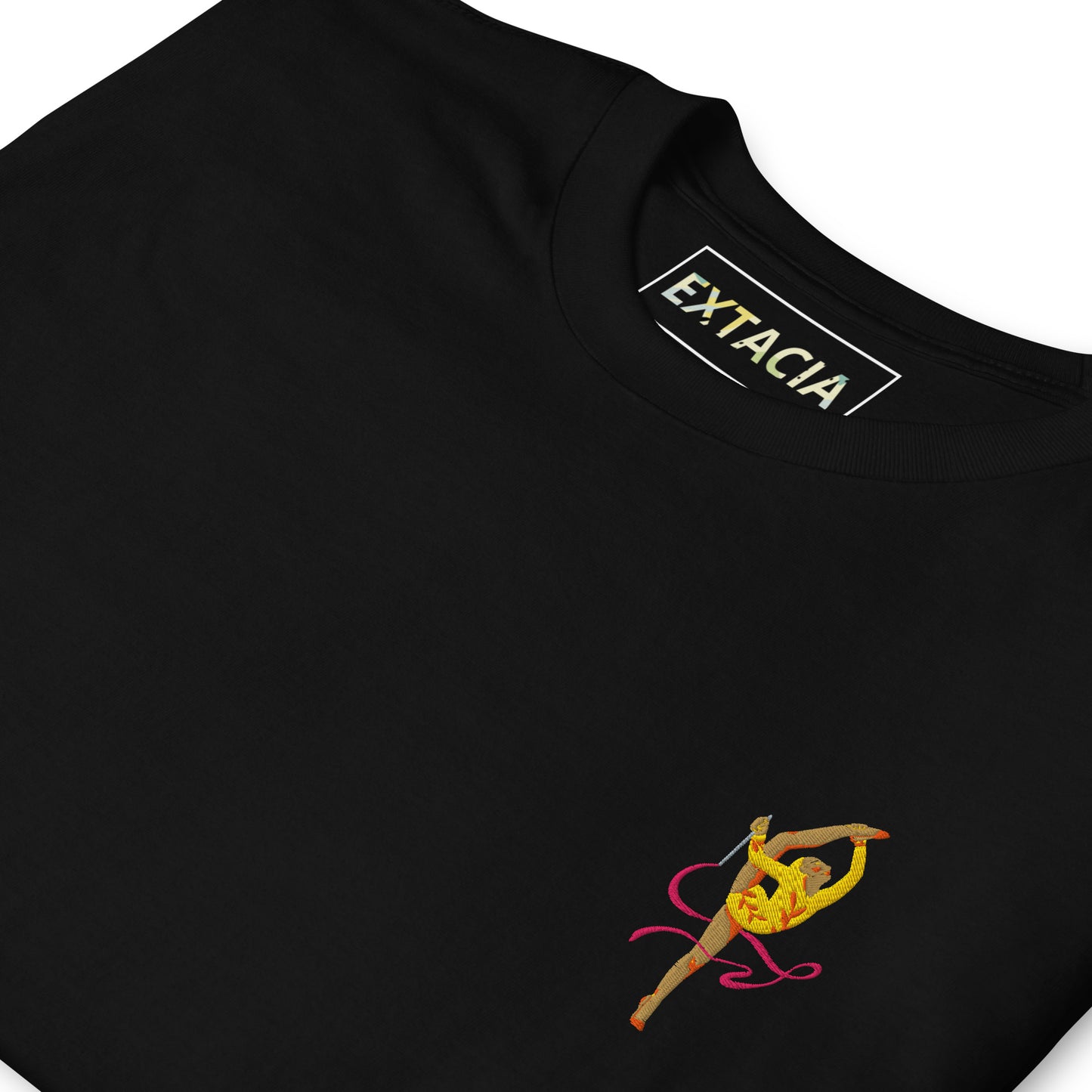 T-shirt pour femme à col rond, manches courtes – 100 % coton, motif brodé – Gymnaste Danseuse