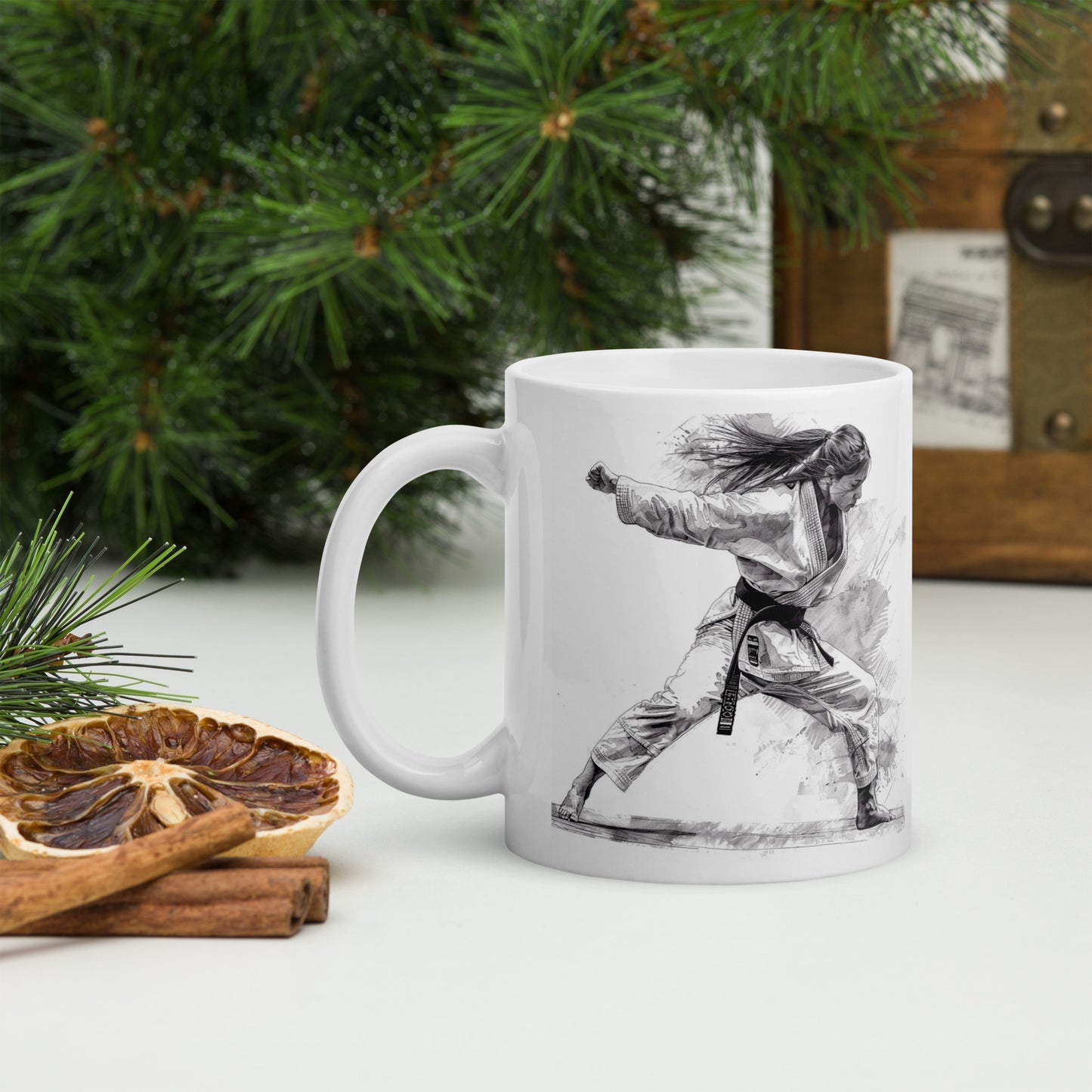 Mug en céramique – Blanc – Formats 11, 15, 20 oz, design élégant pour bureau & cuisine – Dessin Femme Judoka
