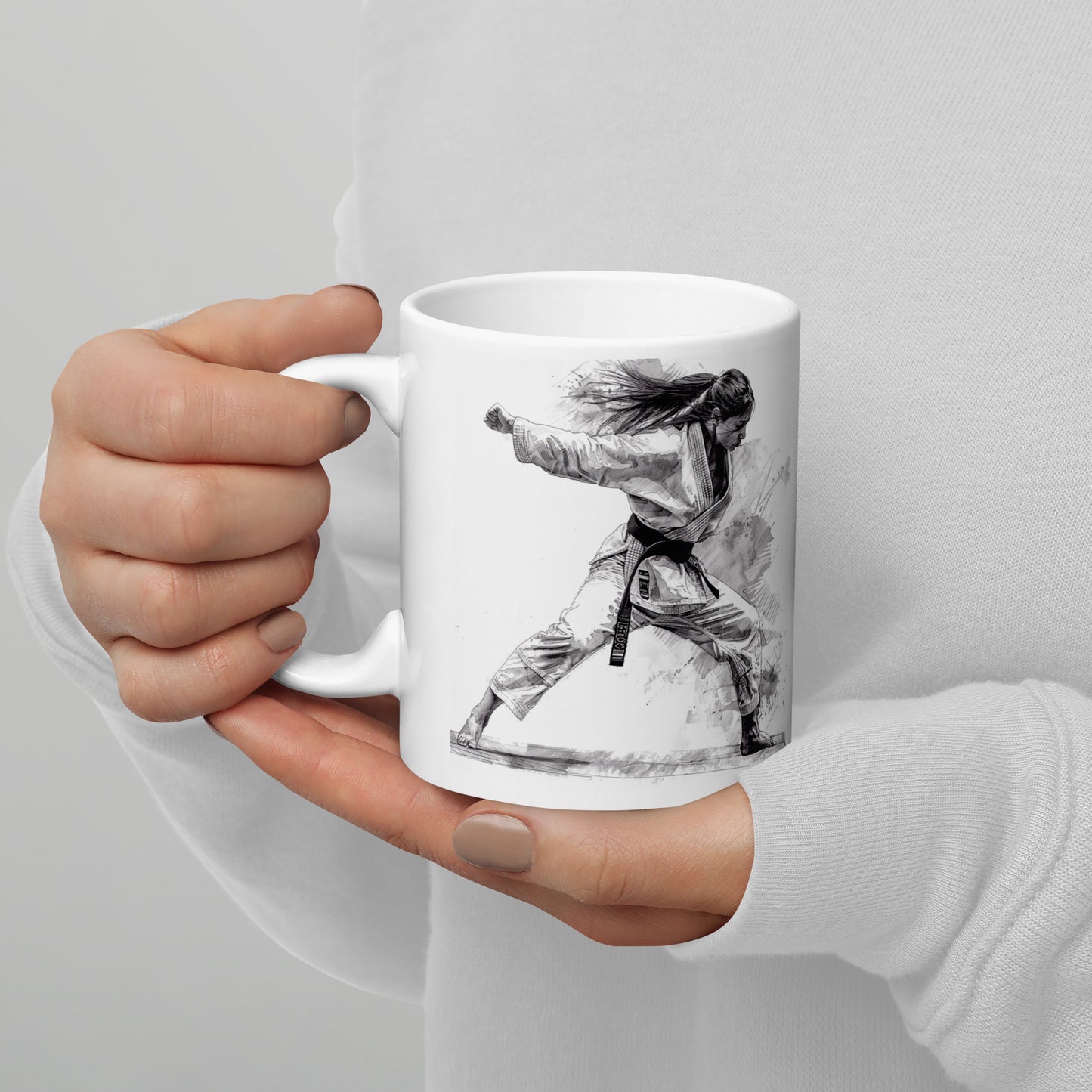 Mug en céramique – Blanc – Formats 11, 15, 20 oz, design élégant pour bureau & cuisine – Dessin Femme Judoka