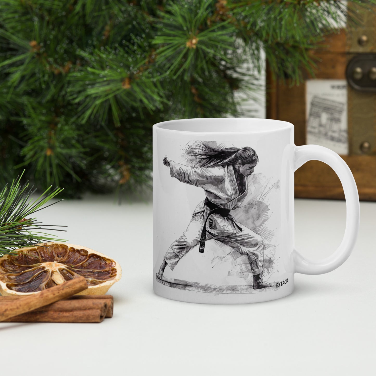 Mug en céramique – Blanc – Formats 11, 15, 20 oz, design élégant pour bureau & cuisine – Dessin Femme Judoka