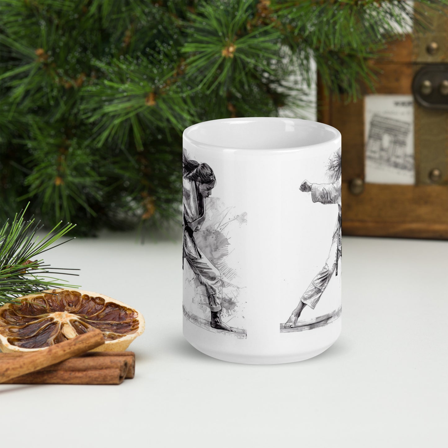 Mug en céramique – Blanc – Formats 11, 15, 20 oz, design élégant pour bureau & cuisine – Dessin Femme Judoka