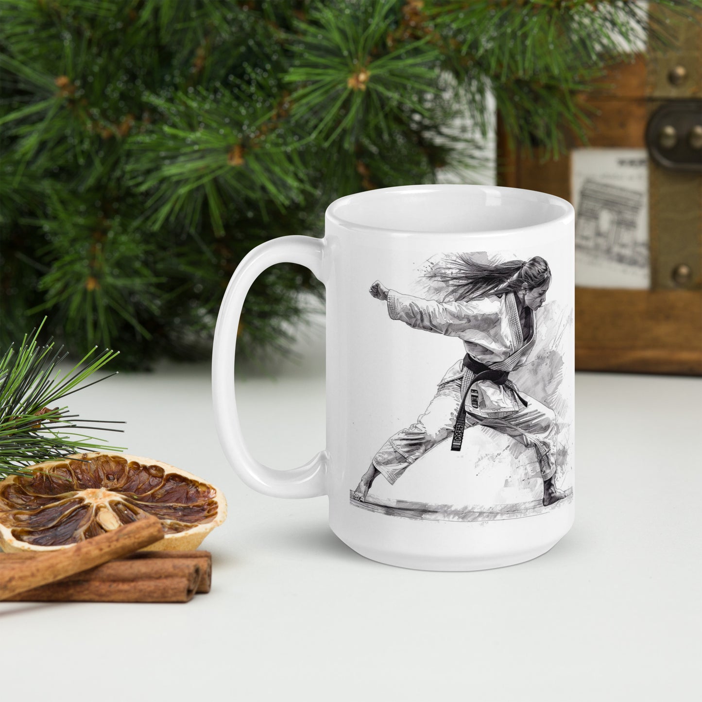 Mug en céramique – Blanc – Formats 11, 15, 20 oz, design élégant pour bureau & cuisine – Dessin Femme Judoka