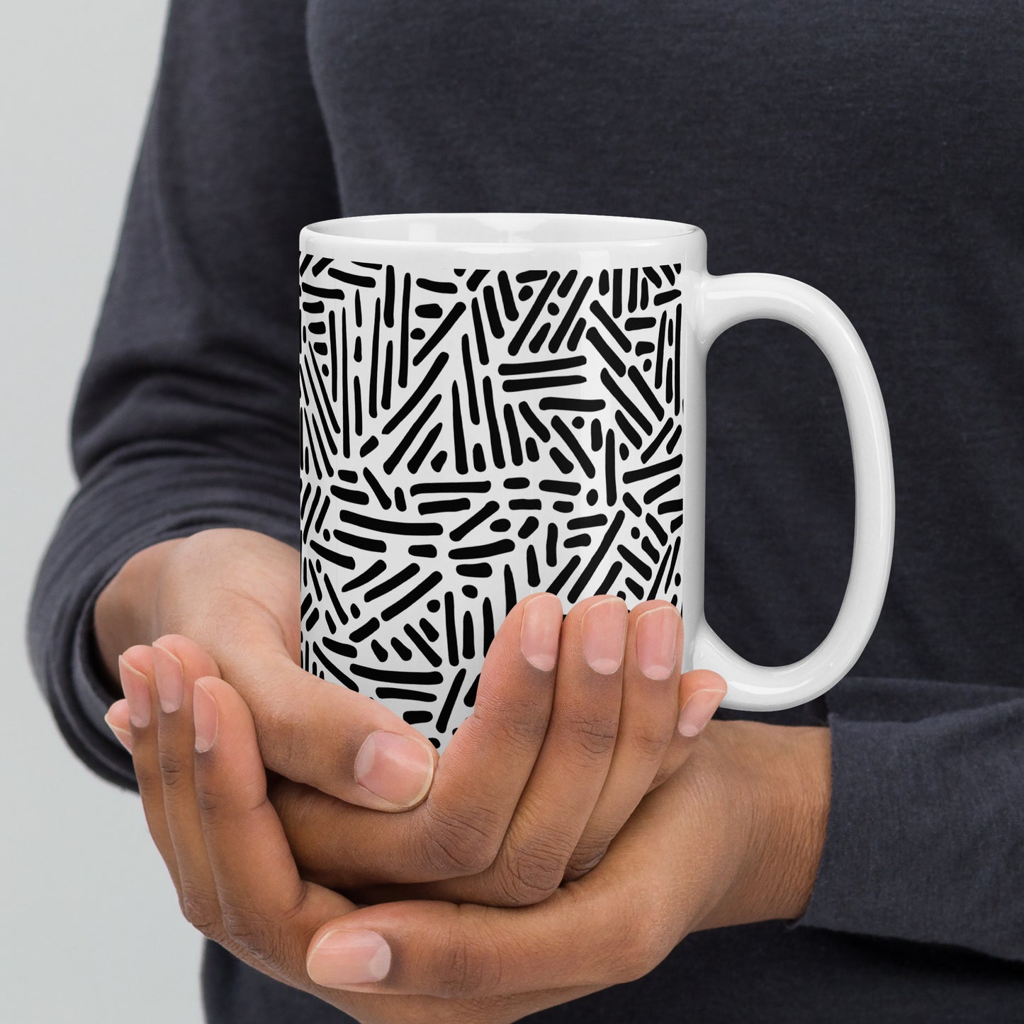 Mug en céramique – Blanc & Noir – Formats 11, 15, 20 oz, design élégant pour bureau & cuisine - Dessin Traits & Points