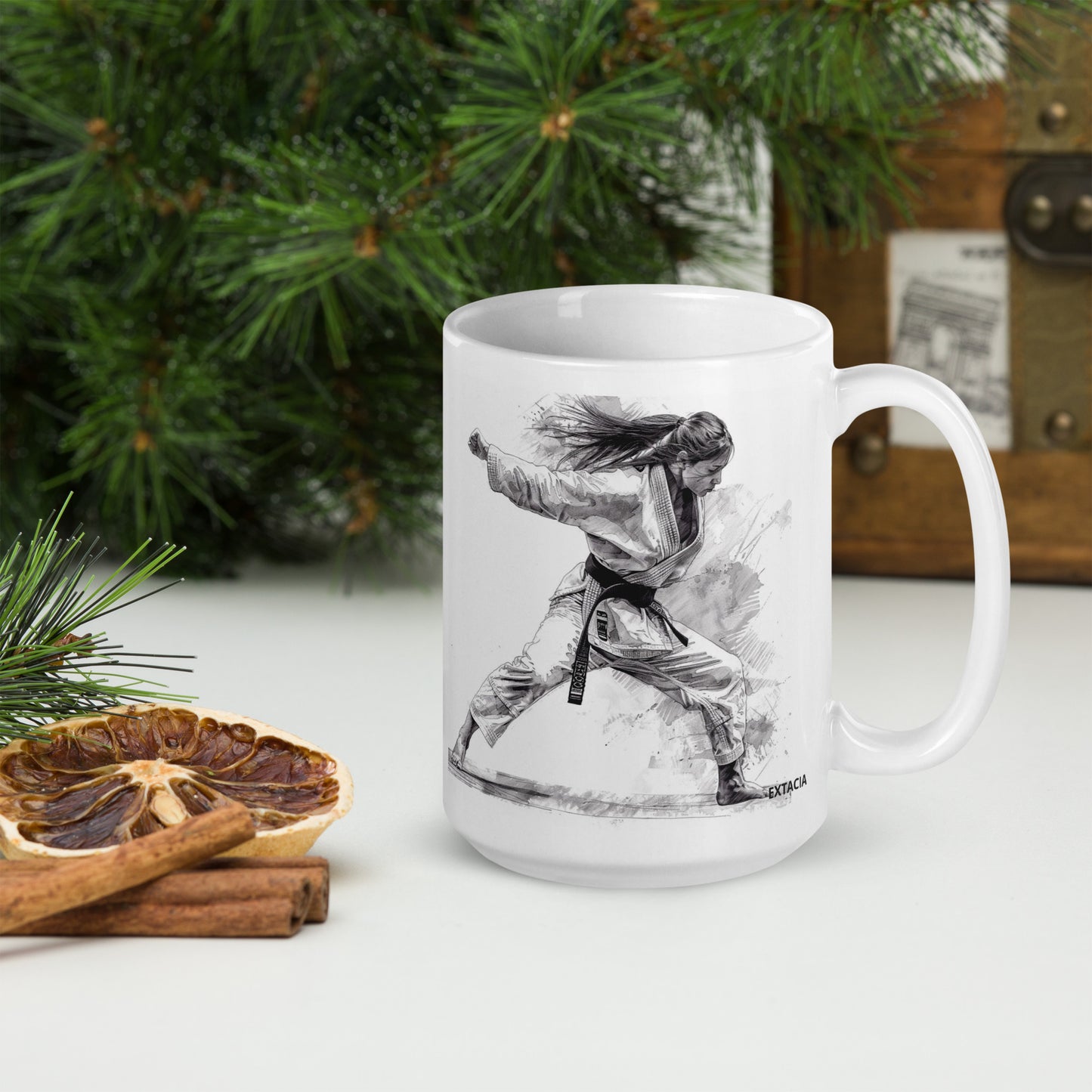 Mug en céramique – Blanc – Formats 11, 15, 20 oz, design élégant pour bureau & cuisine – Dessin Femme Judoka