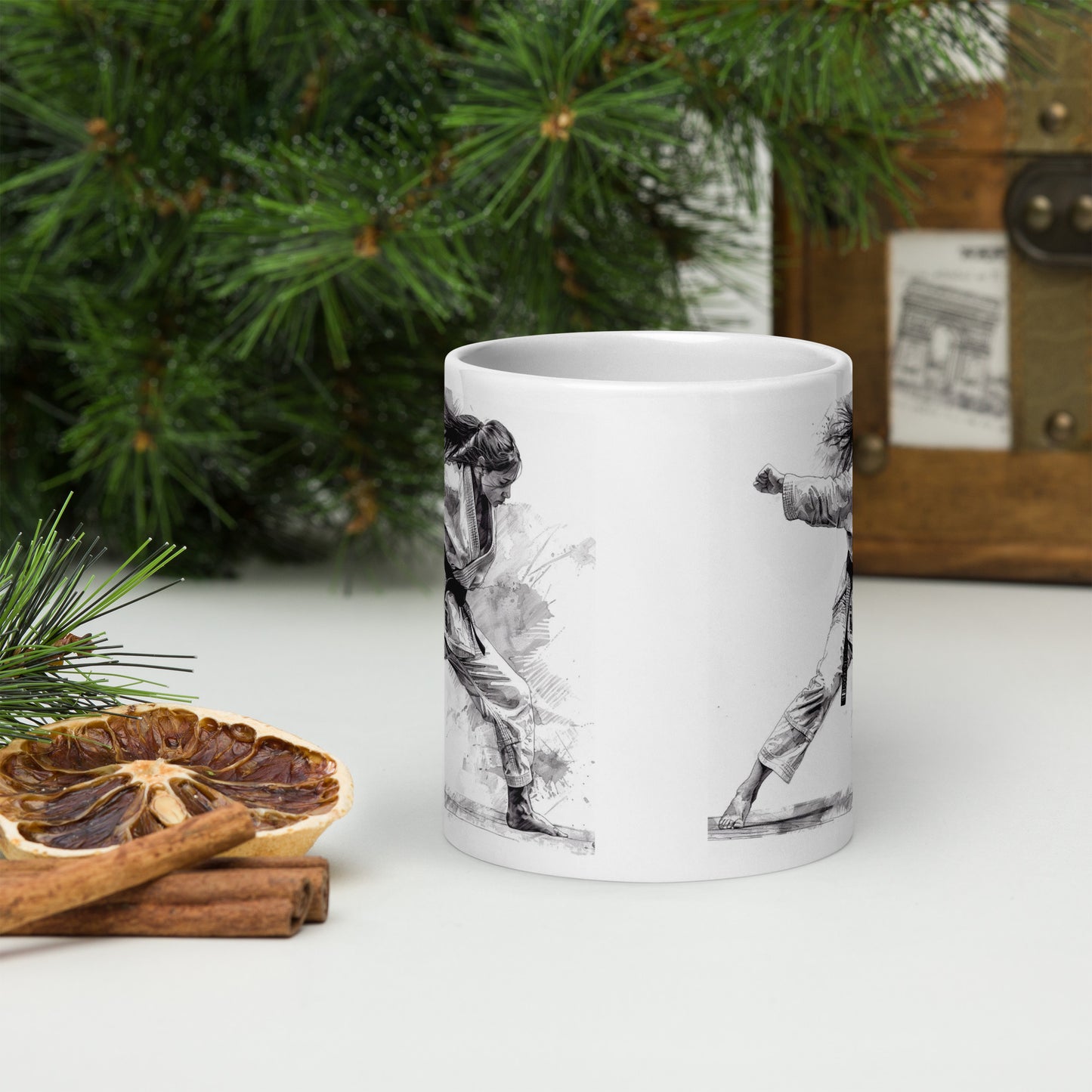Mug en céramique – Blanc – Formats 11, 15, 20 oz, design élégant pour bureau & cuisine – Dessin Femme Judoka
